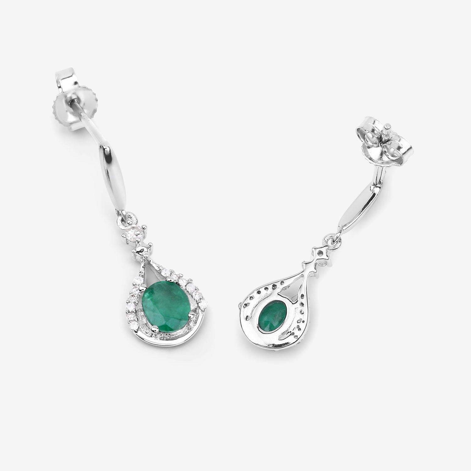 0.60 Ct Oval Green Zambian Emerald & Diamond Prong 14K White Gold Drop Dangle Earrings