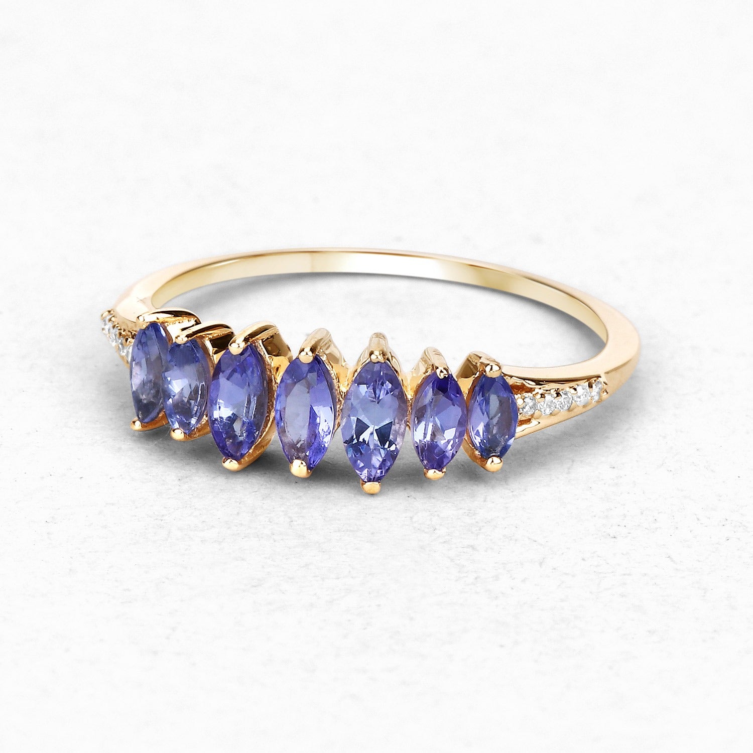 0.76 Ct Marquise Tanzanite and White Diamond Prong 14K Yellow Gold Statement Ring