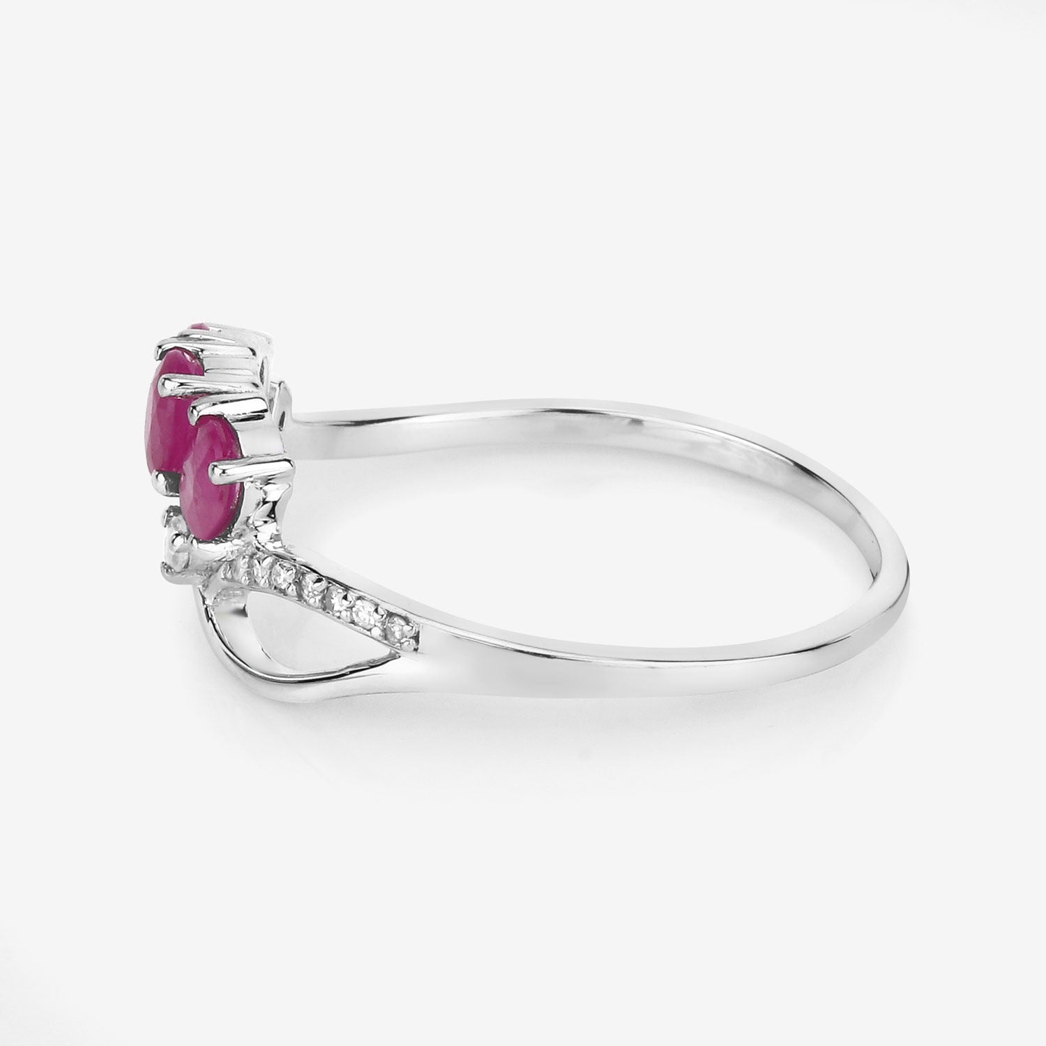 0.66 Ct Oval Pink Ruby & Diamond Prong 14K White Gold Pave Three Stone Knot Ring