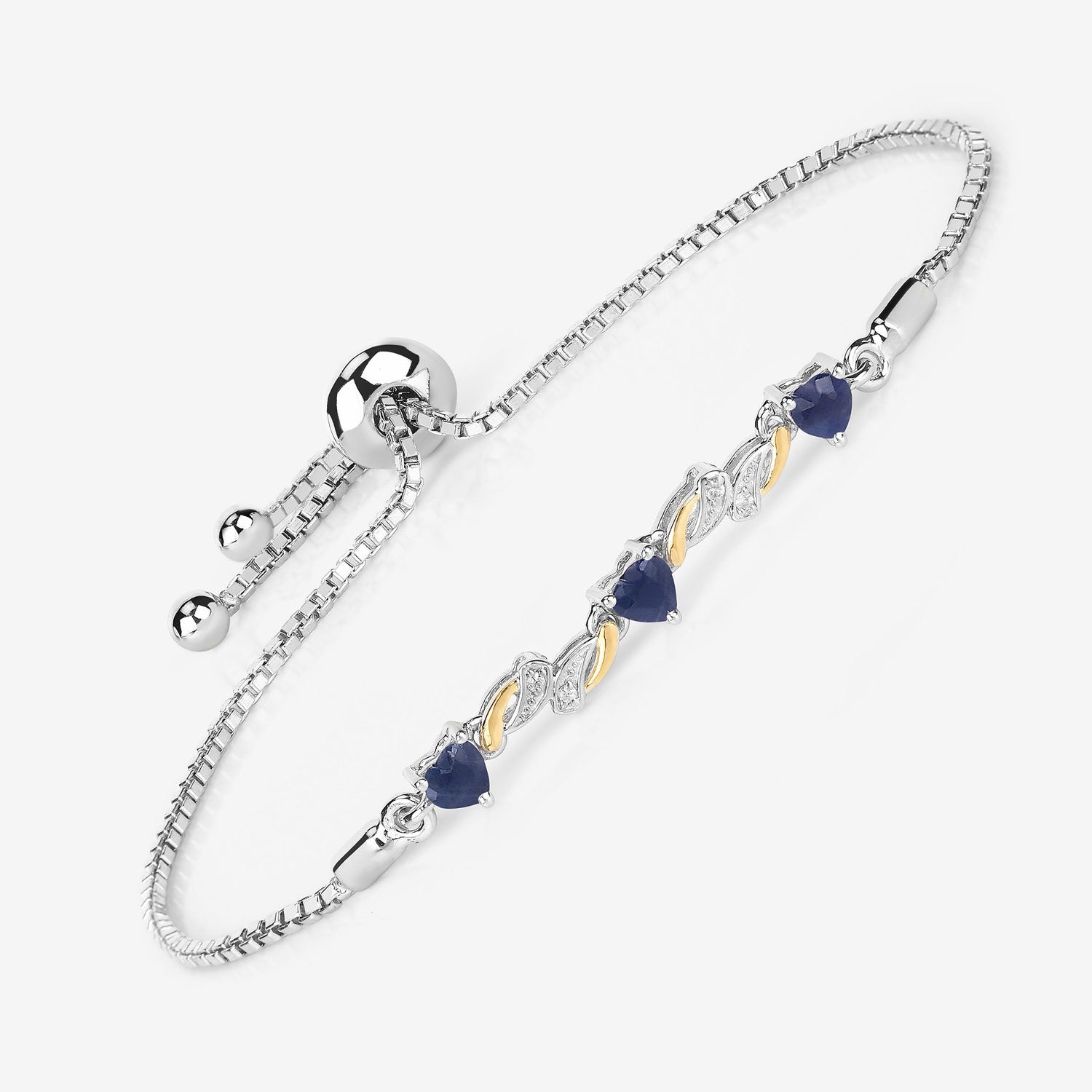 Silver adjustable bracelet with heart-shaped blue gemstones and gold accents, Fine Color Jewels