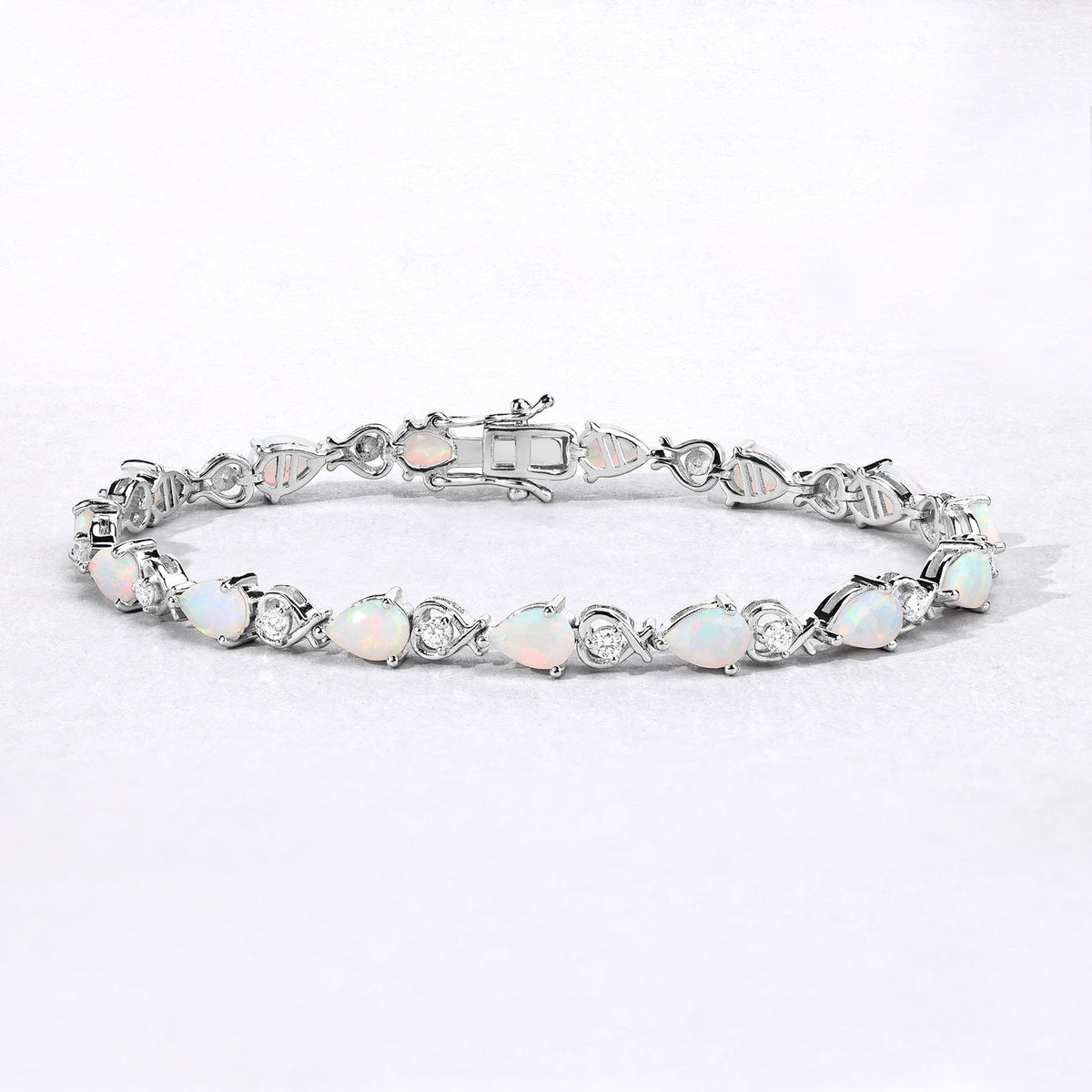 4.28 Ct Pear White Ethiopian Opal Lab Grown Diamond Rhodium Over Sterling Silver Link Bracelet