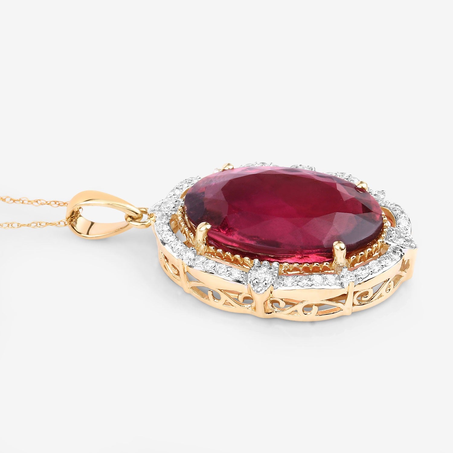 Genuine Rubellite and White Diamond 14K Yellow Gold Oval Pendant Fine Color Jewels