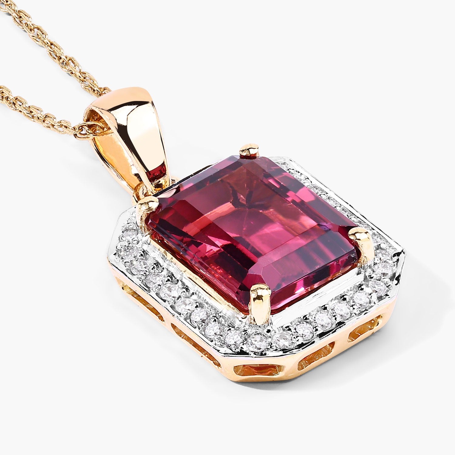 Red Genuine Rubellite and White Diamond 14K Yellow Gold Halo Pendant Fine Color Jewels