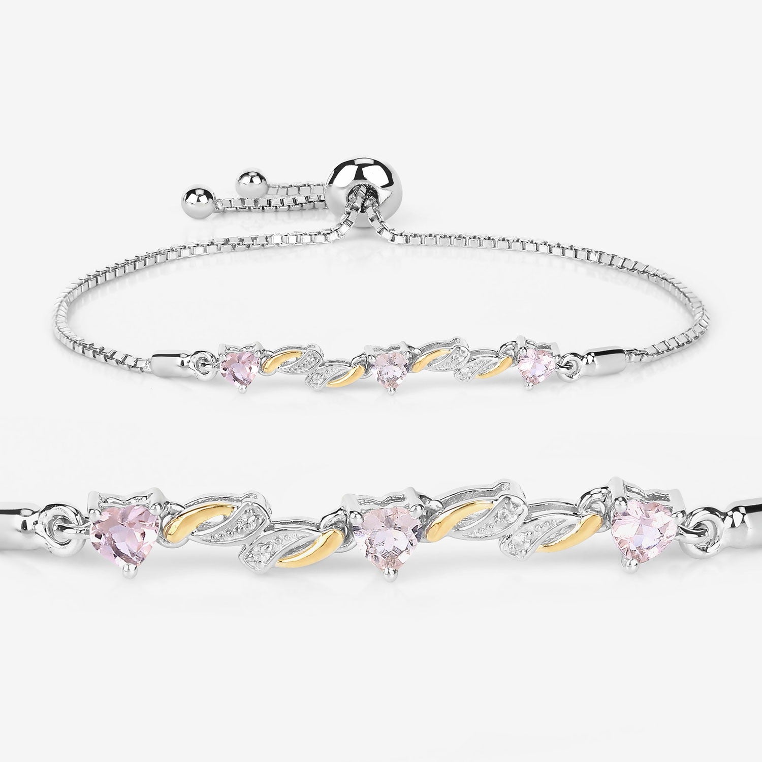 Silver adjustable bracelet with pink heart-shaped gemstones and gold leaf accents, Fine Color Jewels