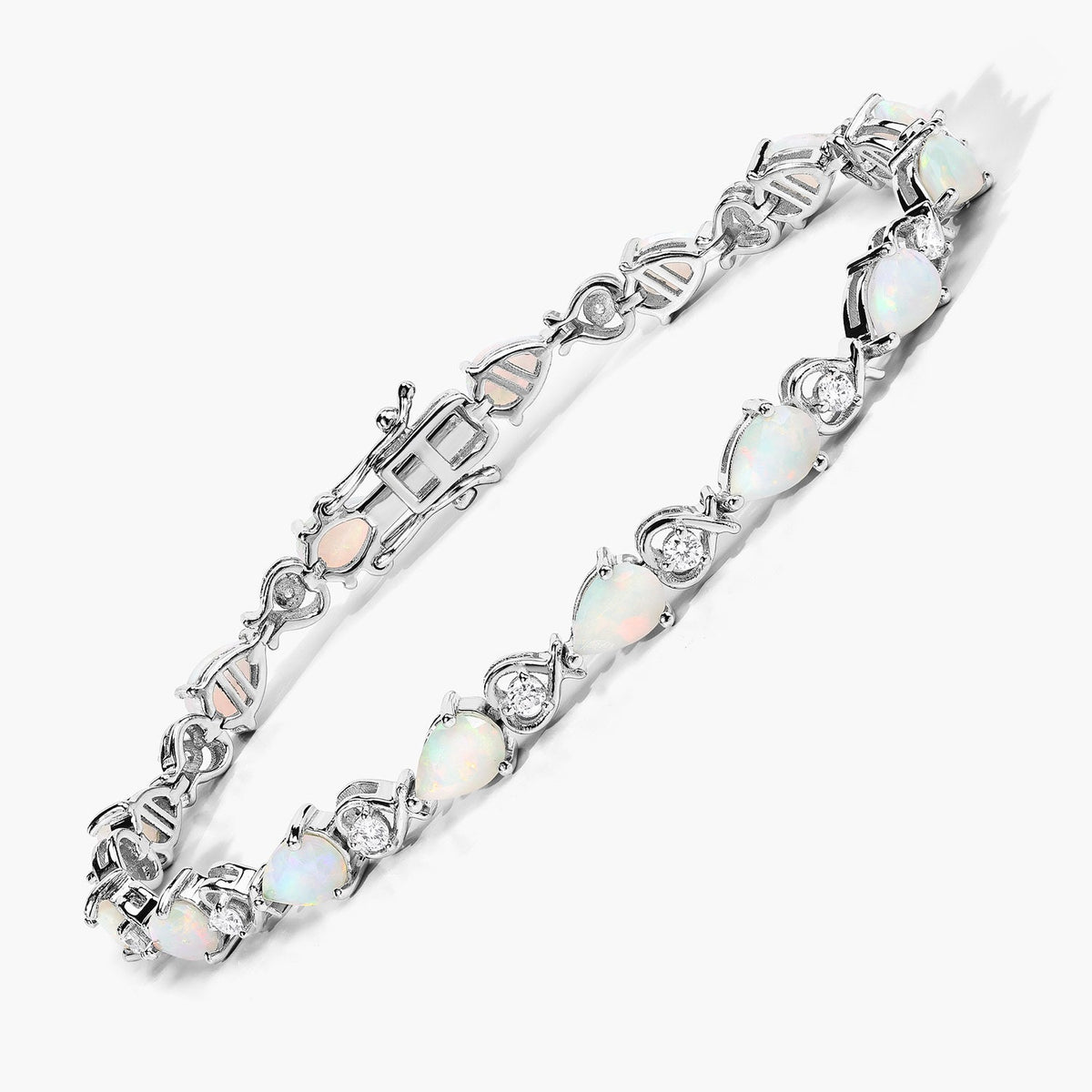 4.28 Ct Pear White Ethiopian Opal Lab Grown Diamond Rhodium Over Sterling Silver Link Bracelet