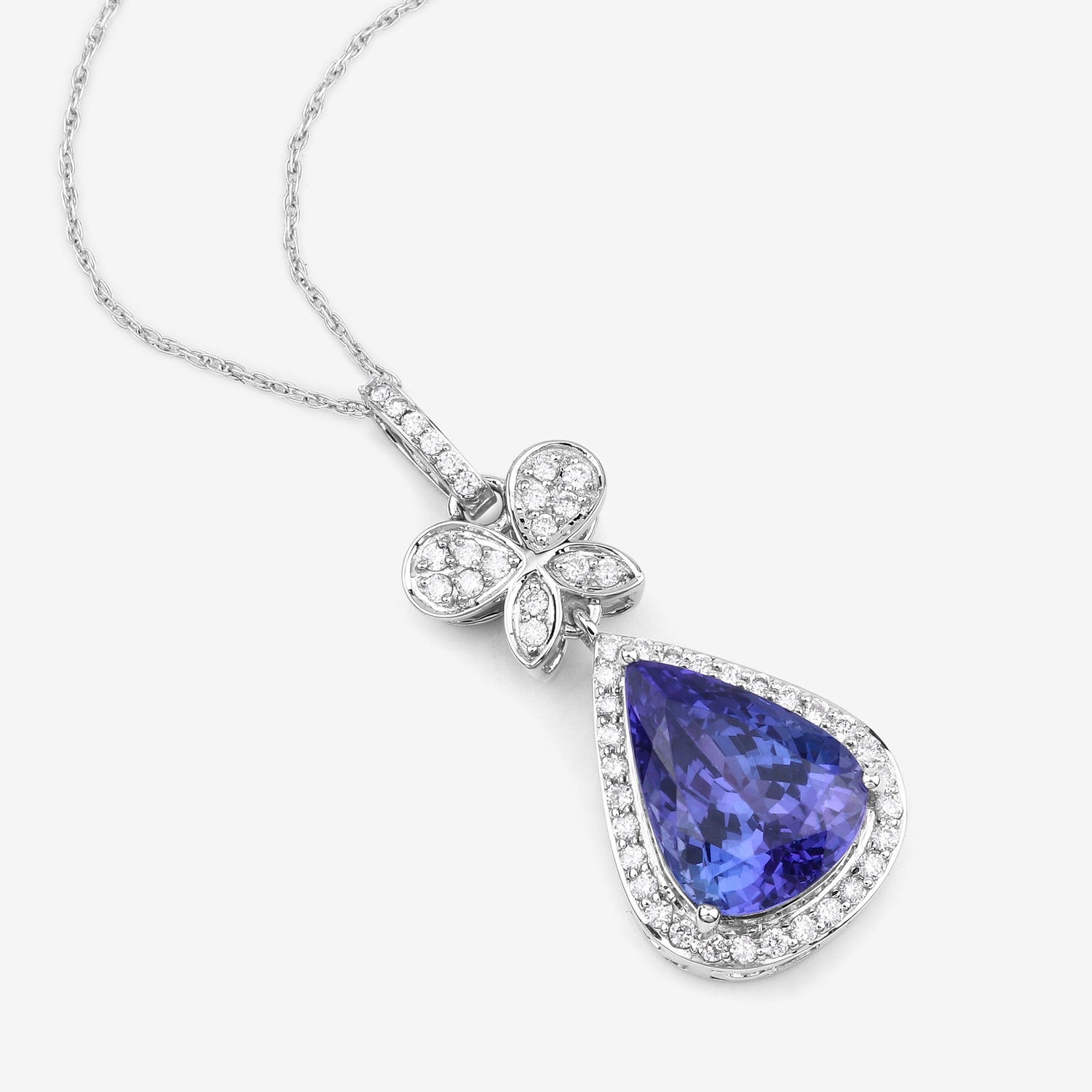 5.54 Ct Genuine Pear Tanzanite and Diamond 18K White Gold Statement Pendant