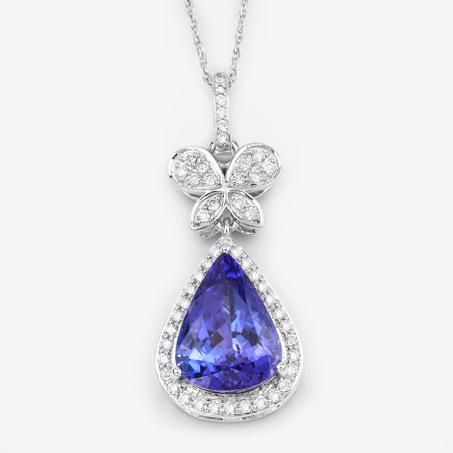 5.54 Ct Genuine Pear Tanzanite and Diamond 18K White Gold Statement Pendant