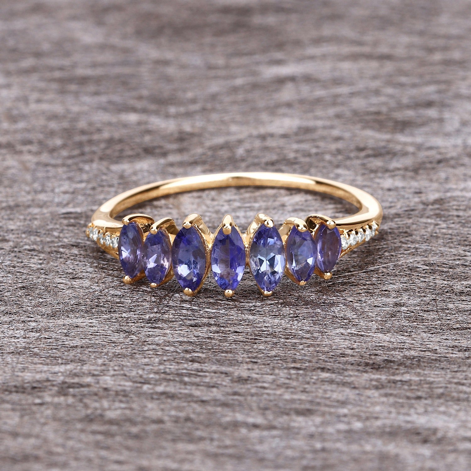 0.76 Ct Marquise Tanzanite and White Diamond Prong 14K Yellow Gold Statement Ring