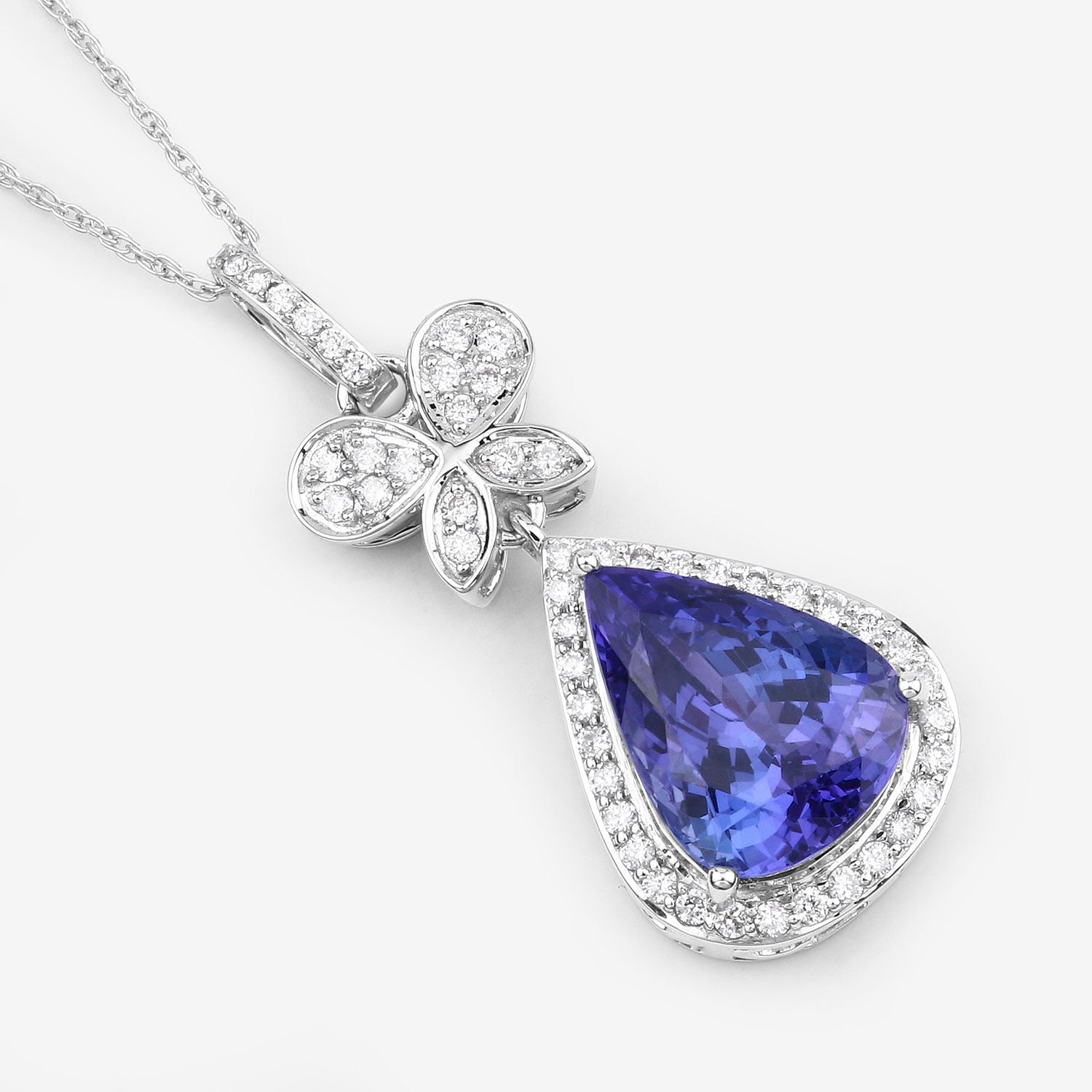 5.54 Ct Genuine Pear Tanzanite and Diamond 18K White Gold Statement Pendant