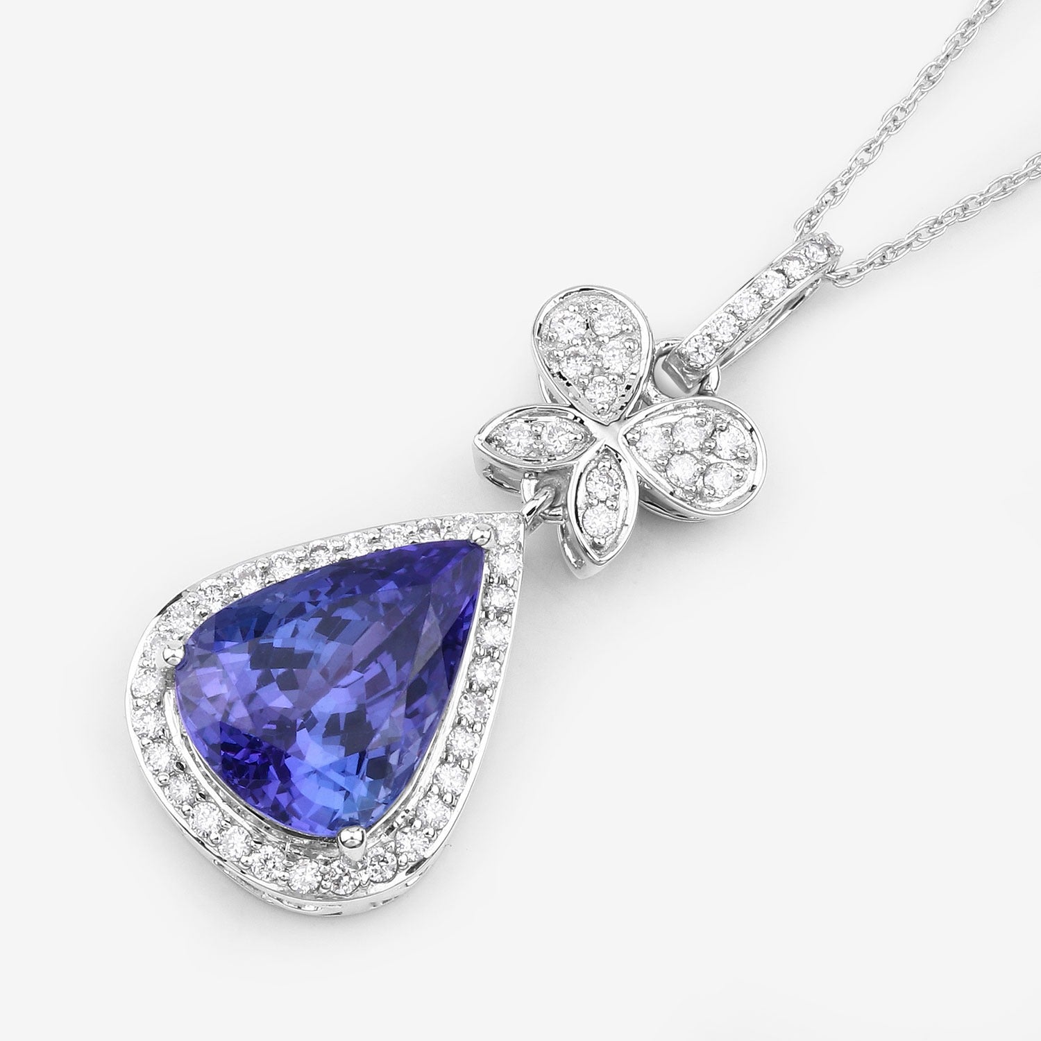 5.54 Ct Genuine Pear Tanzanite and Diamond 18K White Gold Statement Pendant