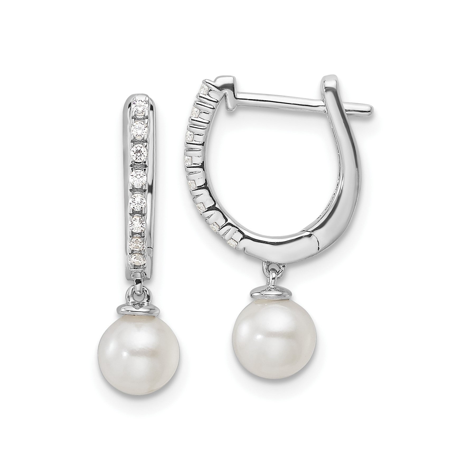 1/10 ct Lab Diamond and Cultured Pearl Hinged Hoop Earrings 14k White Gold