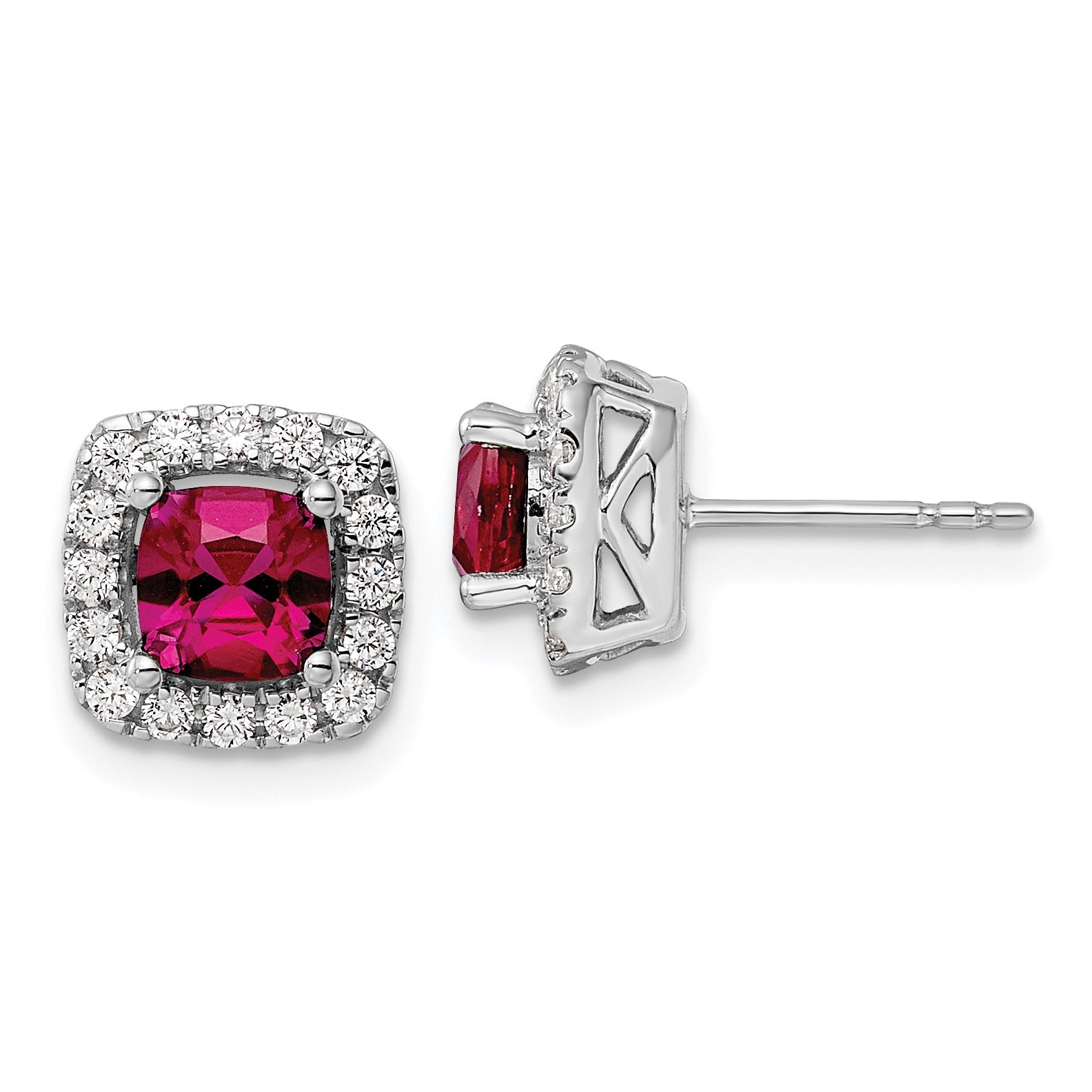 3/8 ct Lab Diamond and Created Ruby Halo Post Earrings 14k White Gold