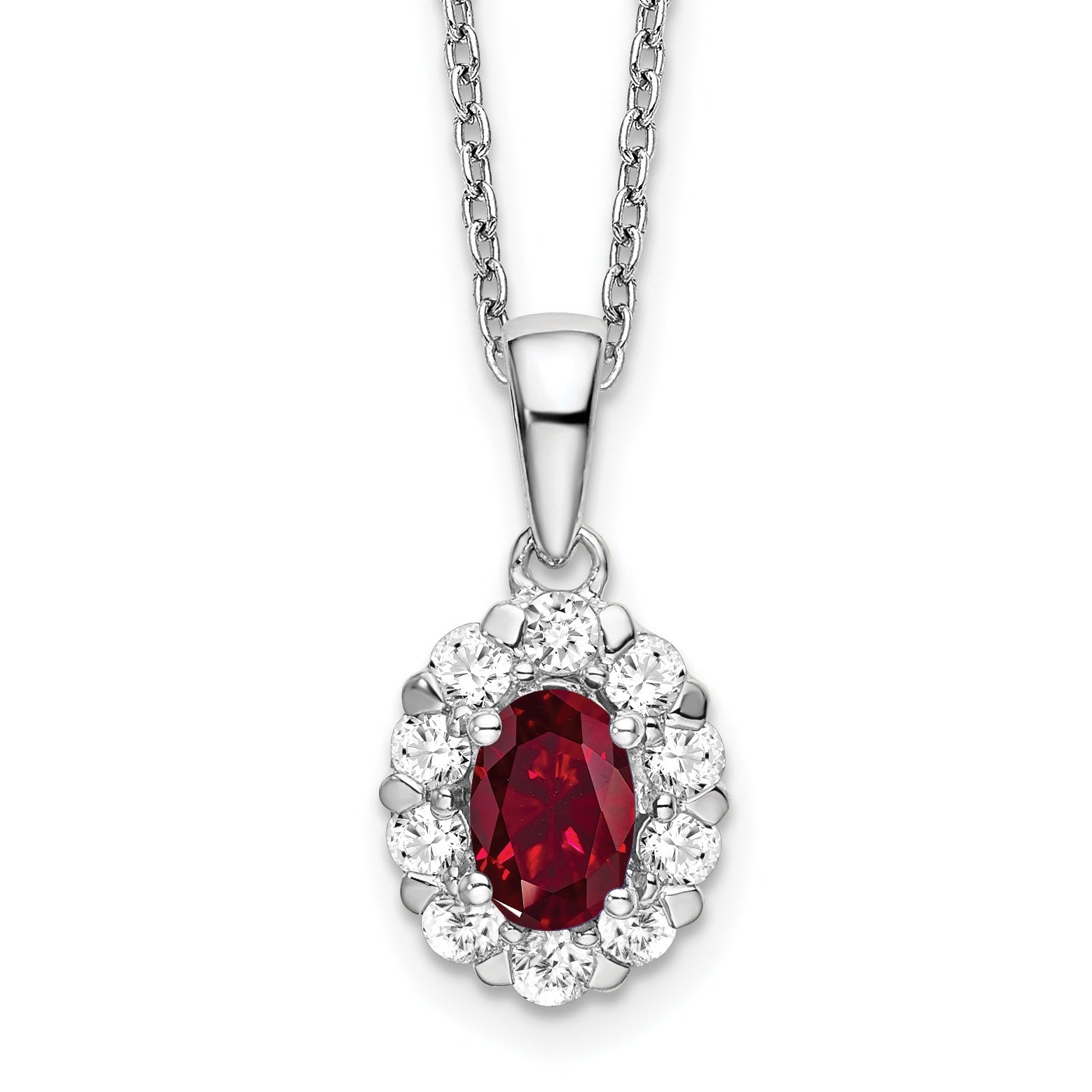 1.65 Ct Oval Red Lab Created Ruby and Diamond Prong 14k White Gold Halo Pendant Necklace