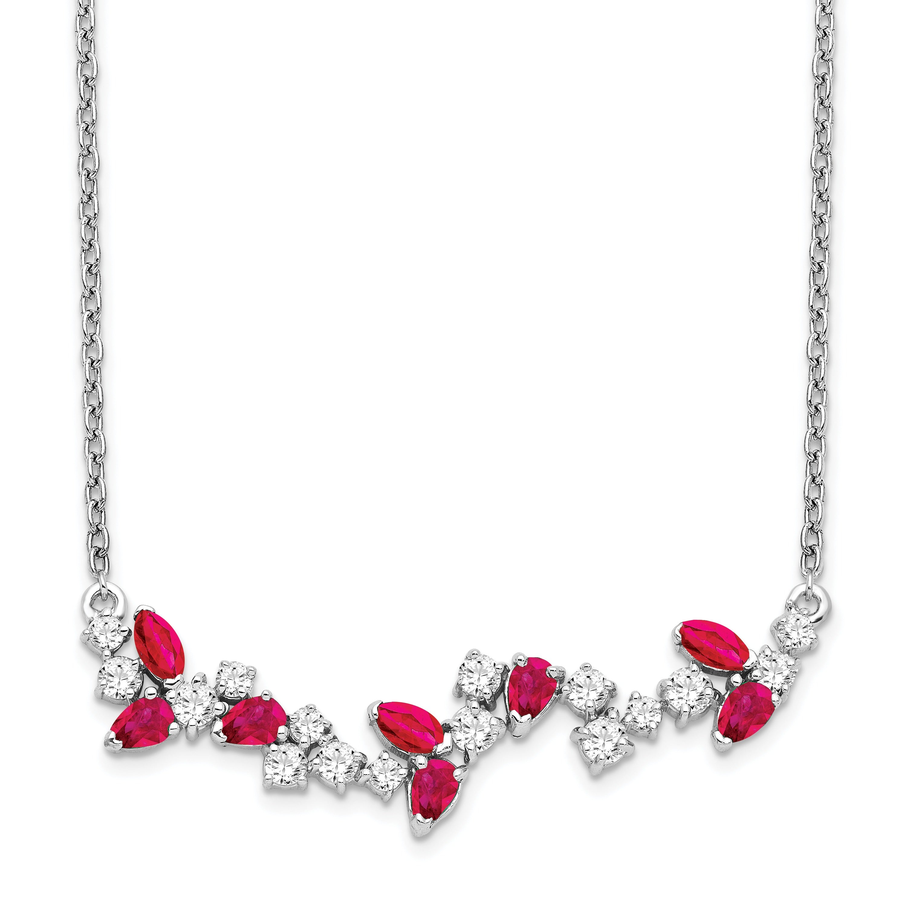 0.95 Ct Marquise Red Ruby and Diamond Prong 14k White Gold Floral Bar Necklace
