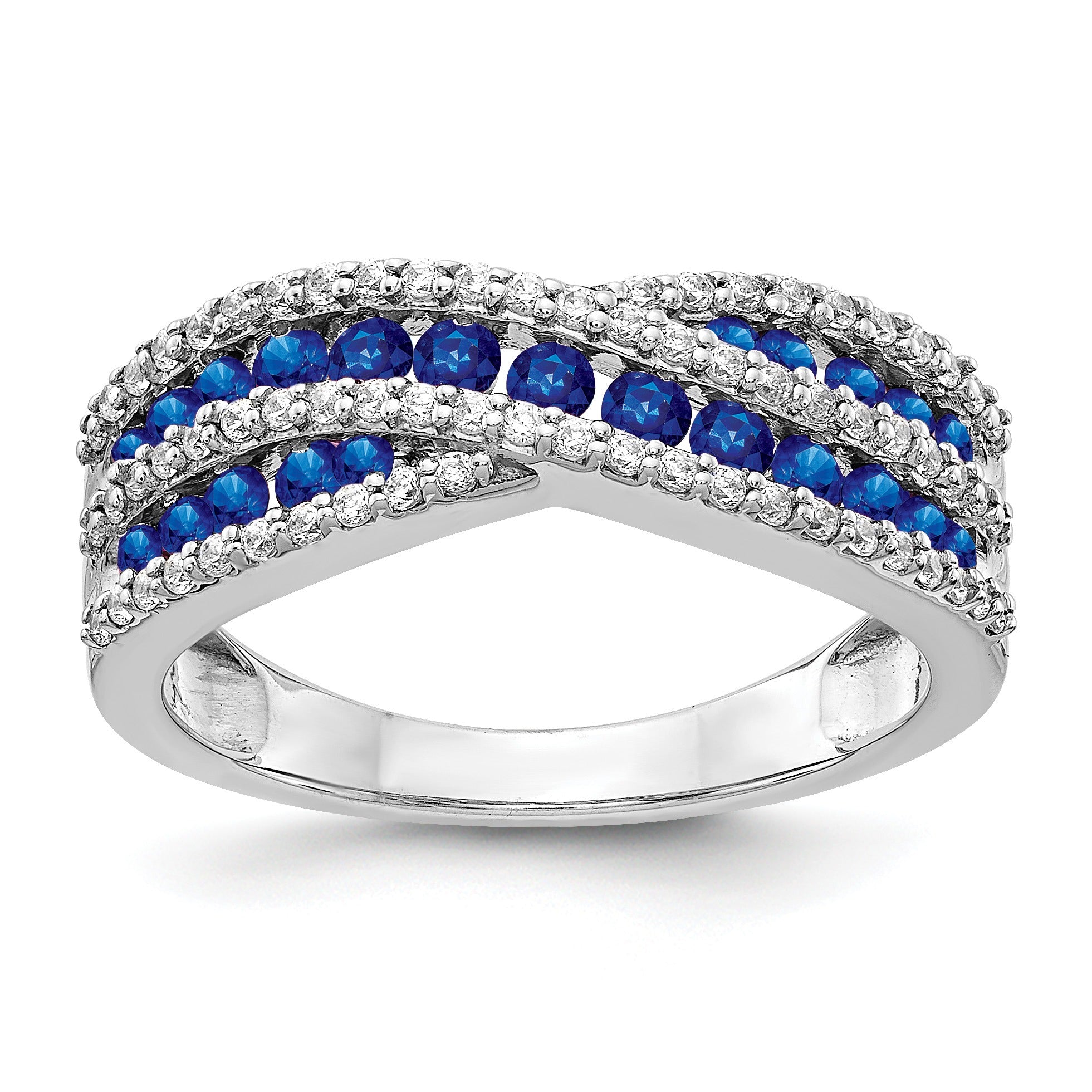 1.30 Ct Round Blue Sapphire & Diamond Pavé 14K White Gold Crossover Infinity Band Ring
