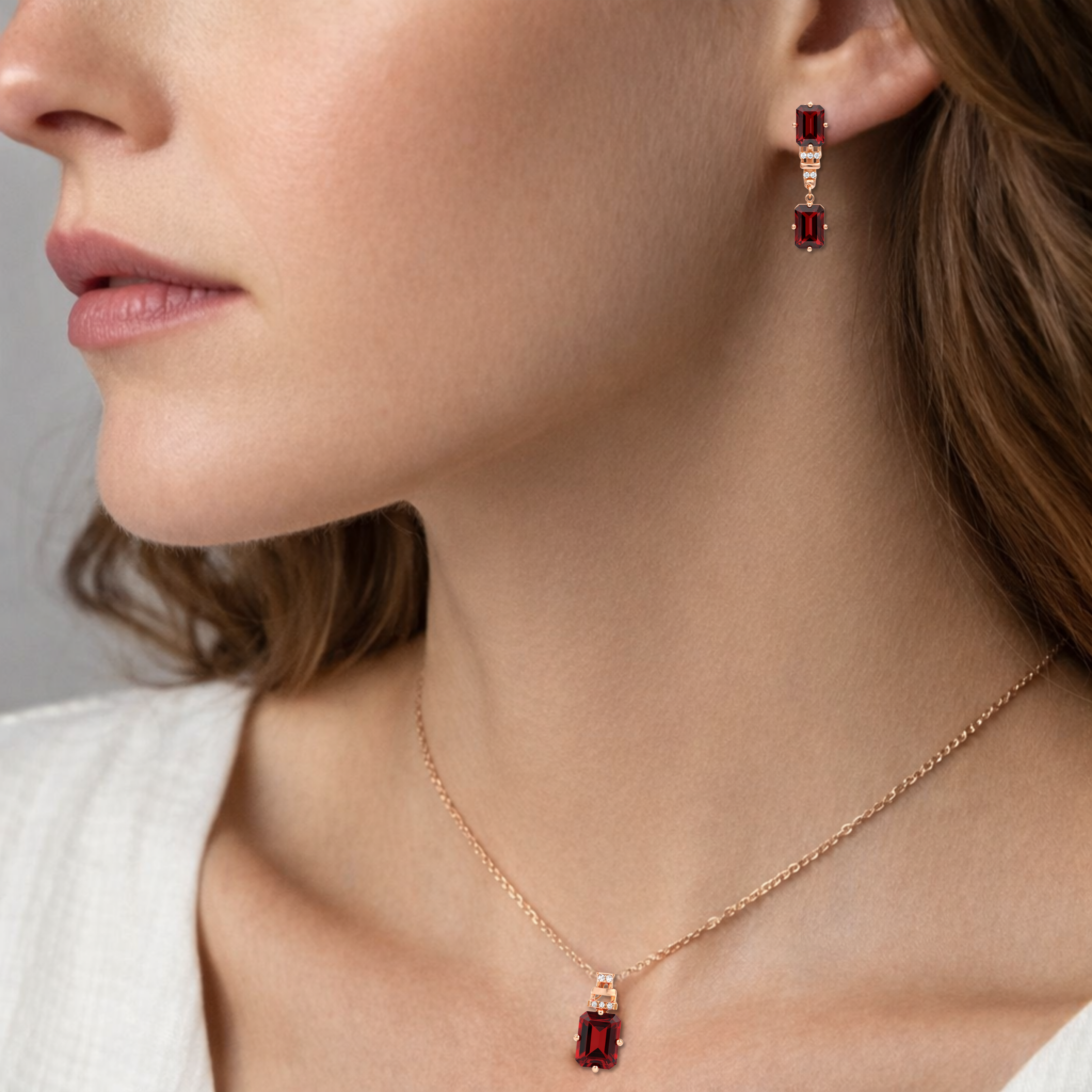 Natural Garnet & White Topaz Sterling Silver Drop Jewelry Set