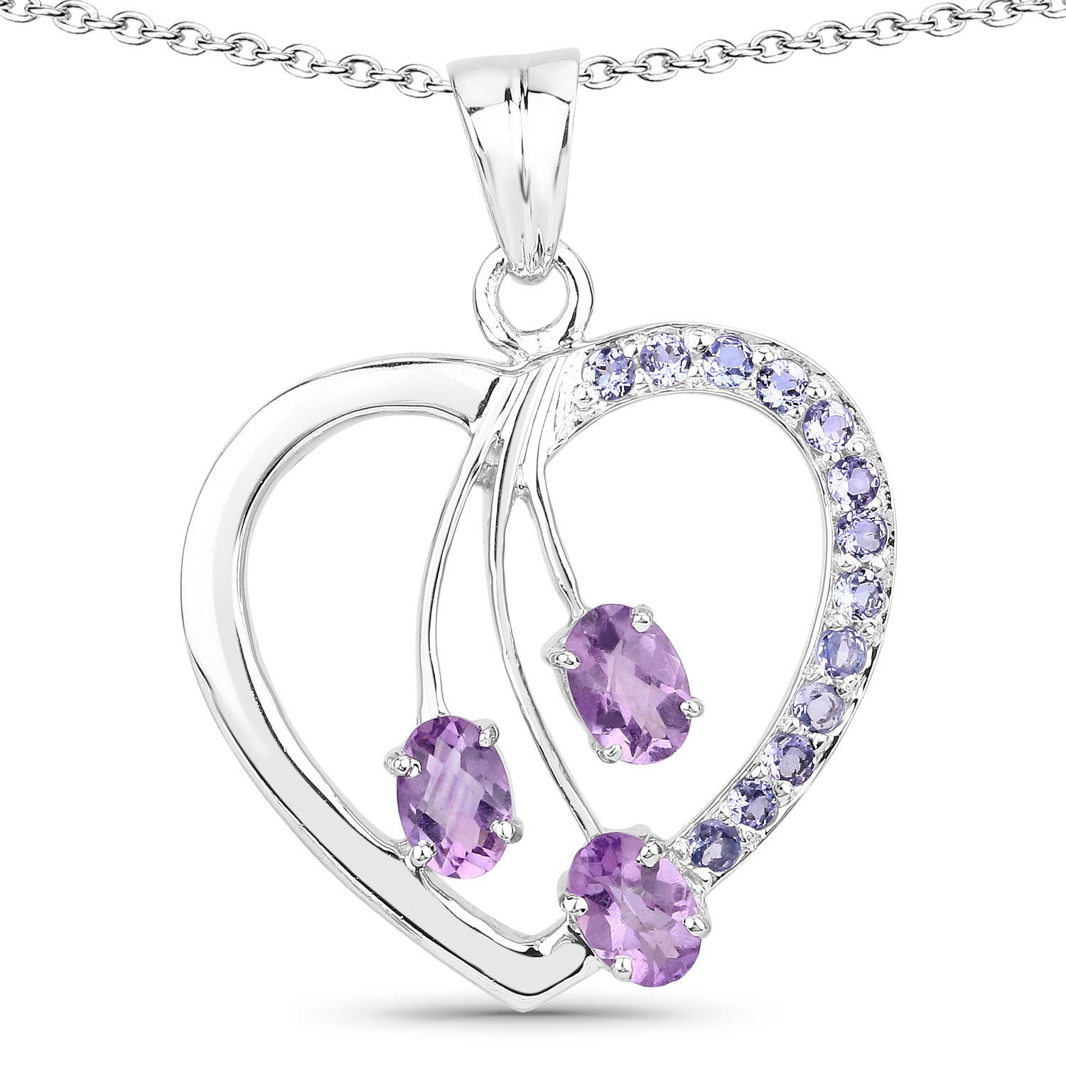 1.75 Cttw Oval Purple Amethyst Rhodium over Silver Floral Open Heart Pendant Necklace