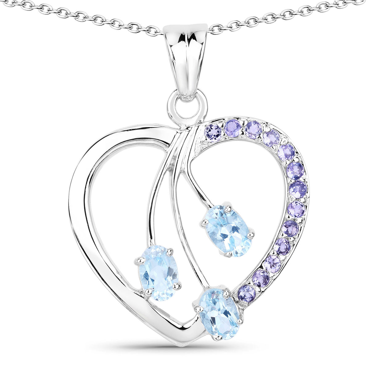 1.99 Cttw Oval Blue Topaz Rhodium over Silver Floral Open Heart Pendant Necklace