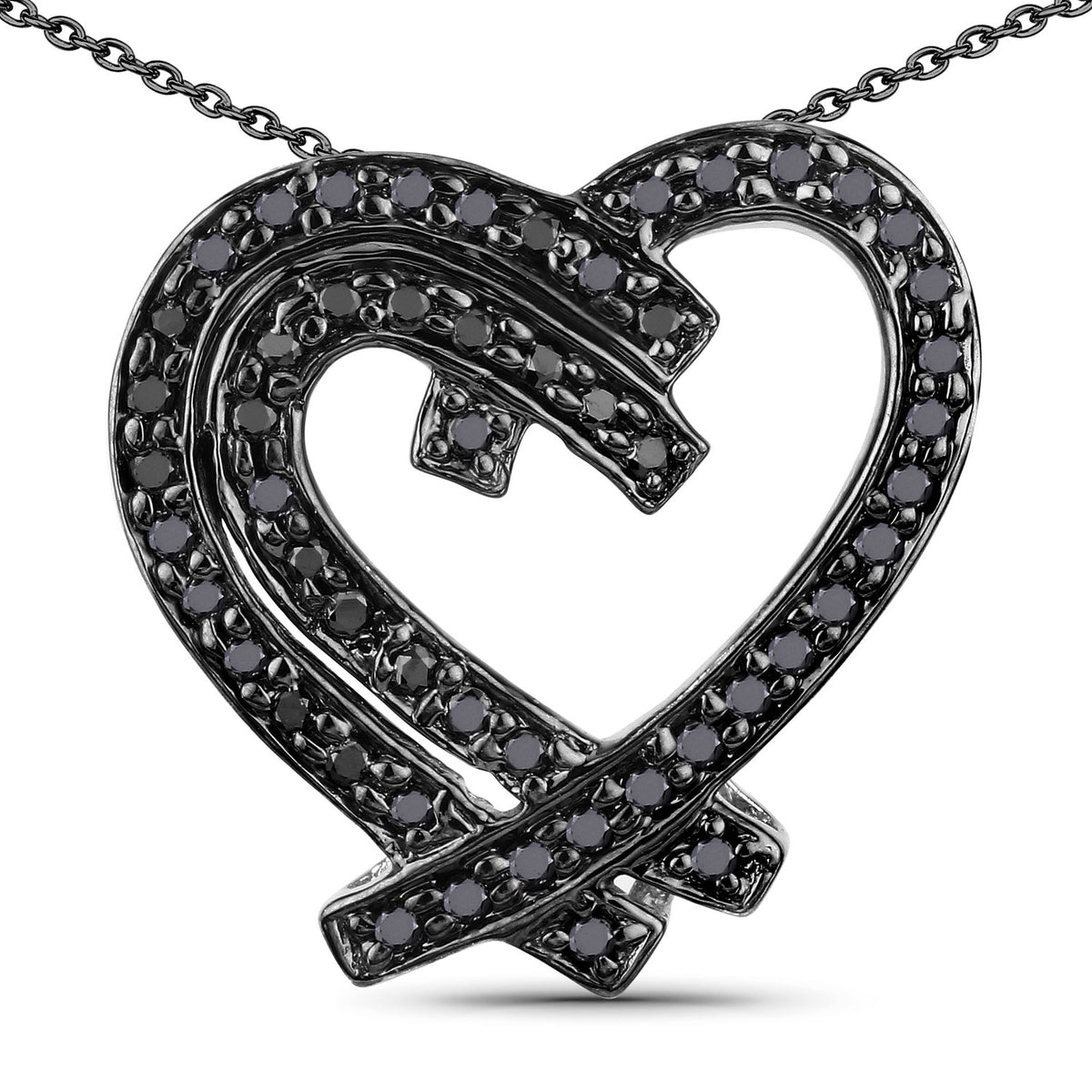 0.57 Cttw Round Black Diamond Pavé Black Rhodium over Silver Double Heart Pendant Necklace
