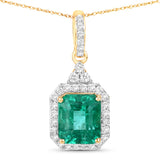 Genuine Zambian Emerald and White Diamond 14K Gold Halo Pendant