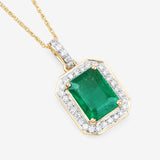 Genuine Zambian Green Emerald White Diamond 14K Gold Pendant