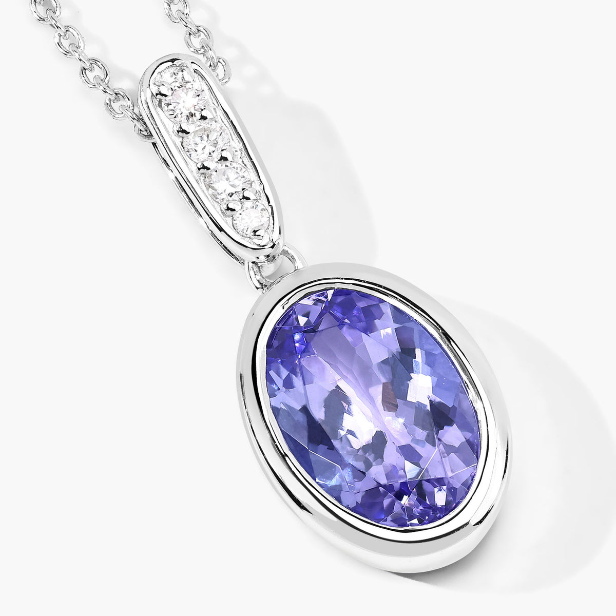 2.83 Cttw Oval Violet Tanzanite and Lab Diamond Bezel Rhodium over Silver Solitaire Drop Pendant Necklace