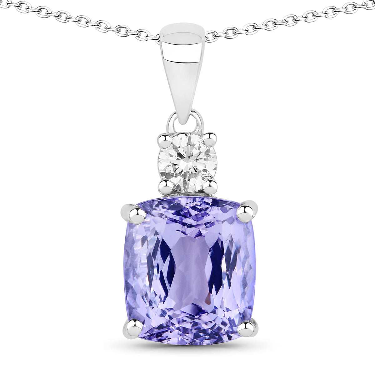 5.43 Cttw Cushion Violet Tanzanite Lab Diamond Rhodium over Silver Solitaire Drop Pendant Necklace