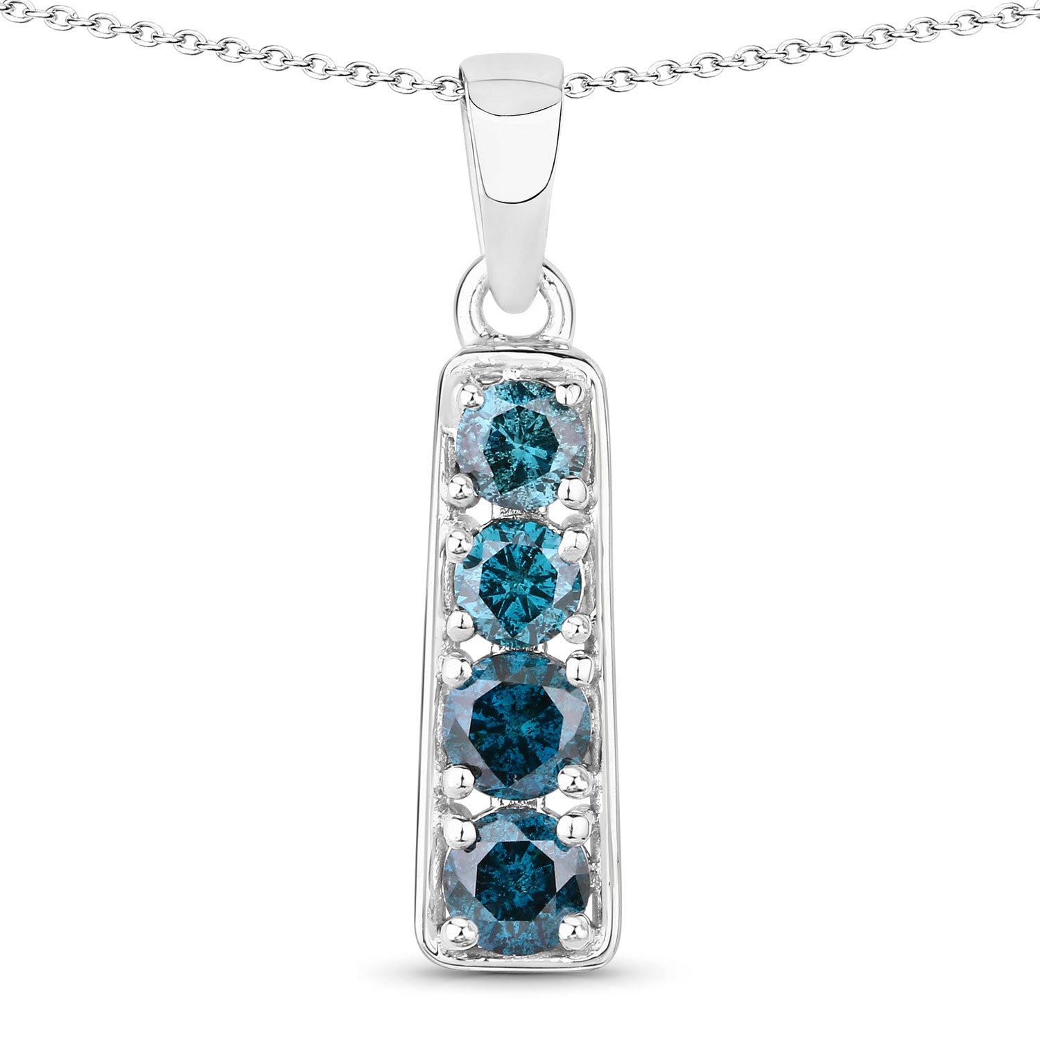 0.76 Cttw Round Teal Blue Diamond Rhodium Plated Silver Journey Bar Pendant Necklace