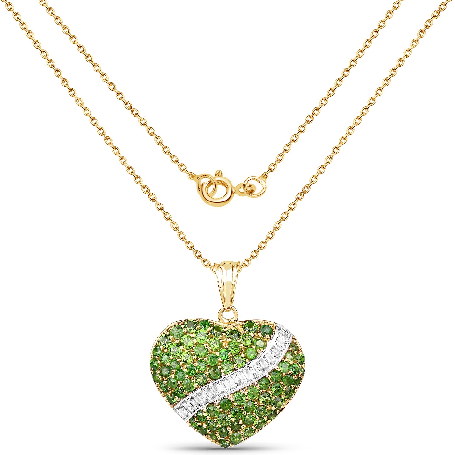 14K Gold Plated Genuine Chrome Diopside Heart Pendant With Chain