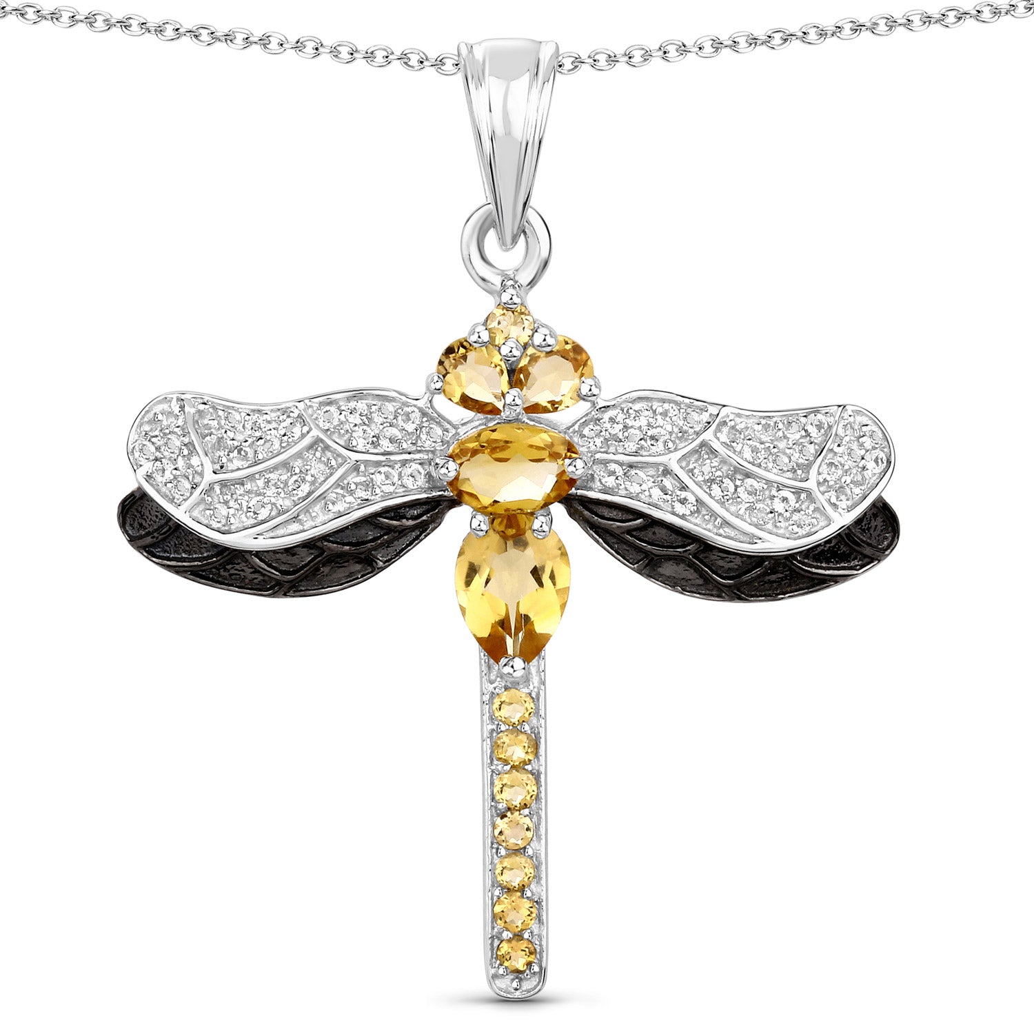 Yellow Genuine Citrine Silver Dragonfly Necklace