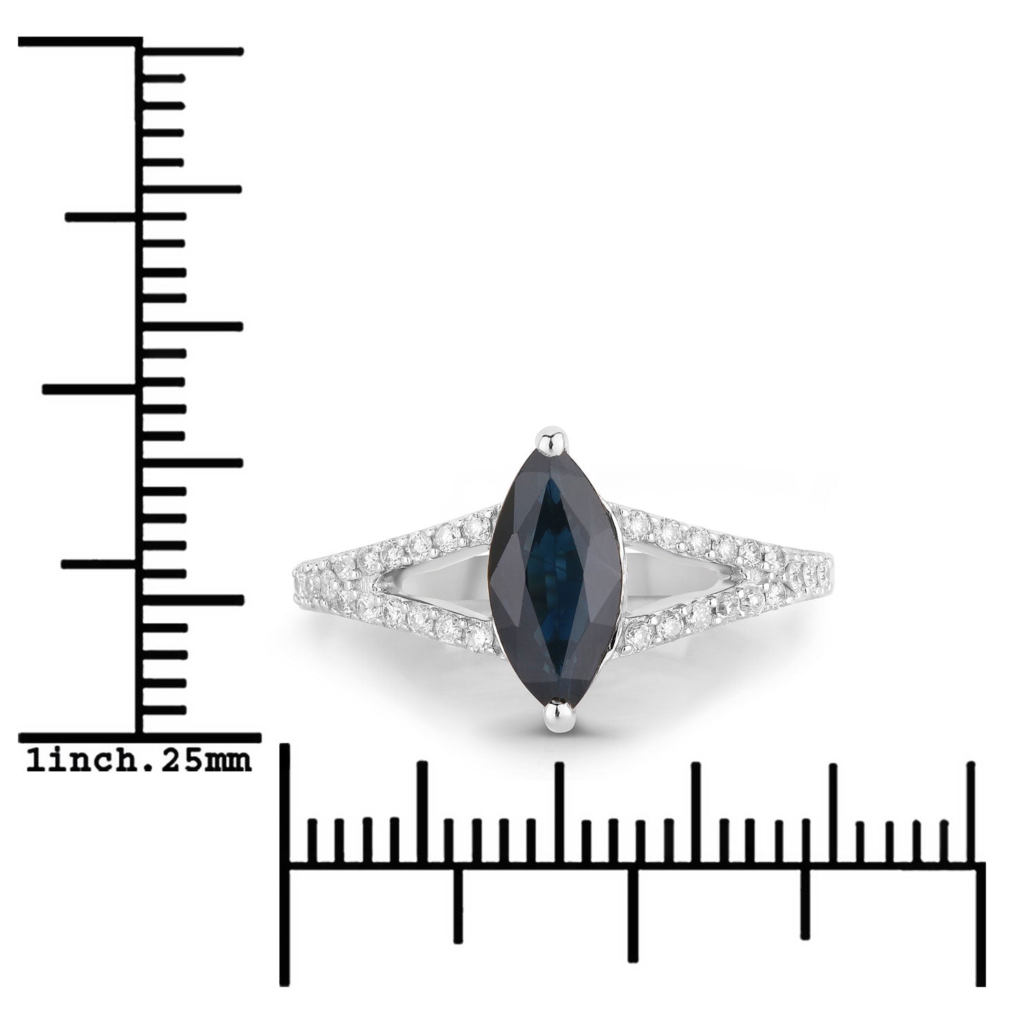 1.49ct Marquise Blue Sapphire and White Diamond Prong Bridge 14K White Gold Ring image 3