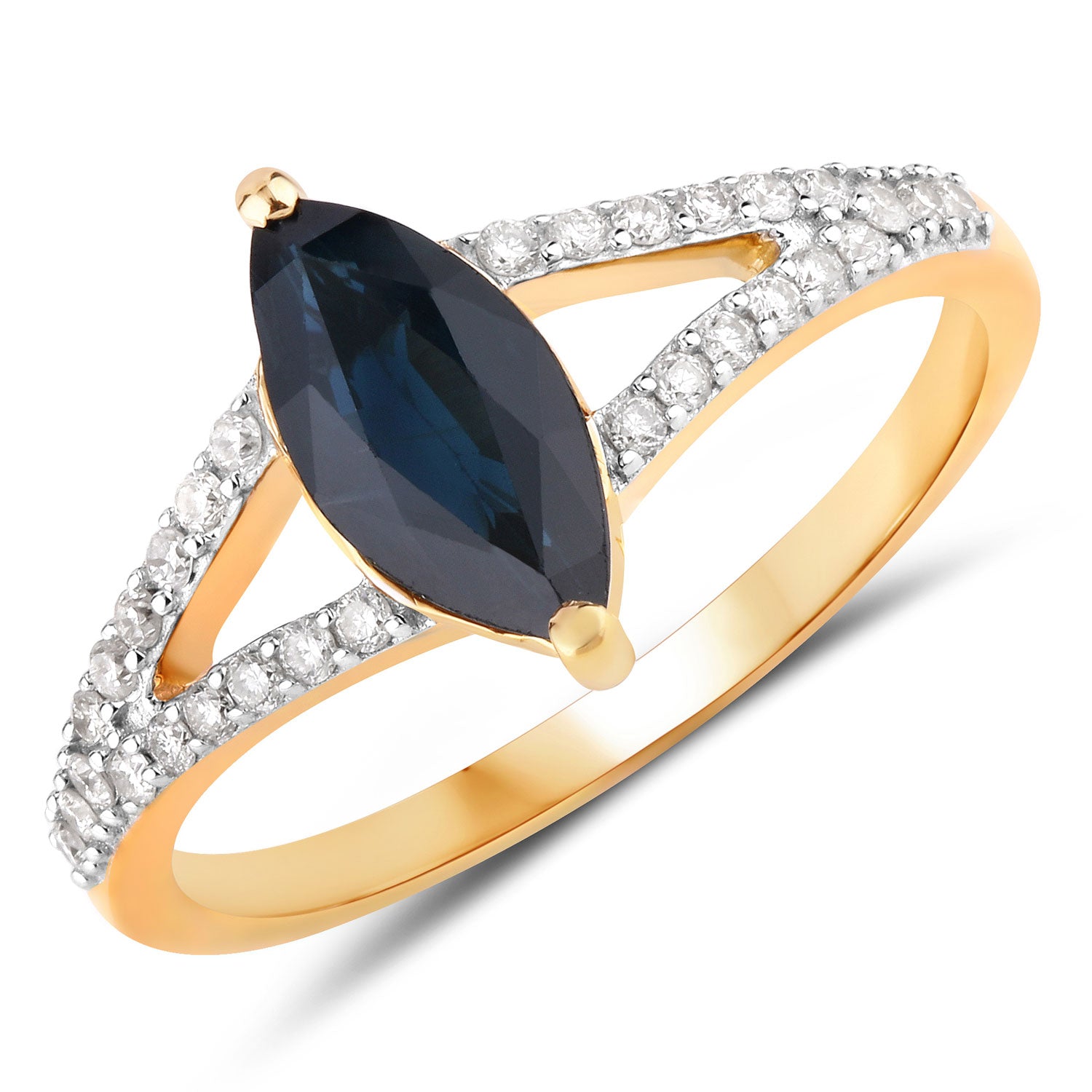 1.50ct Marquise Blue Sapphire and White Diamond Prong Bridge 14K Yellow Gold Ring image 1