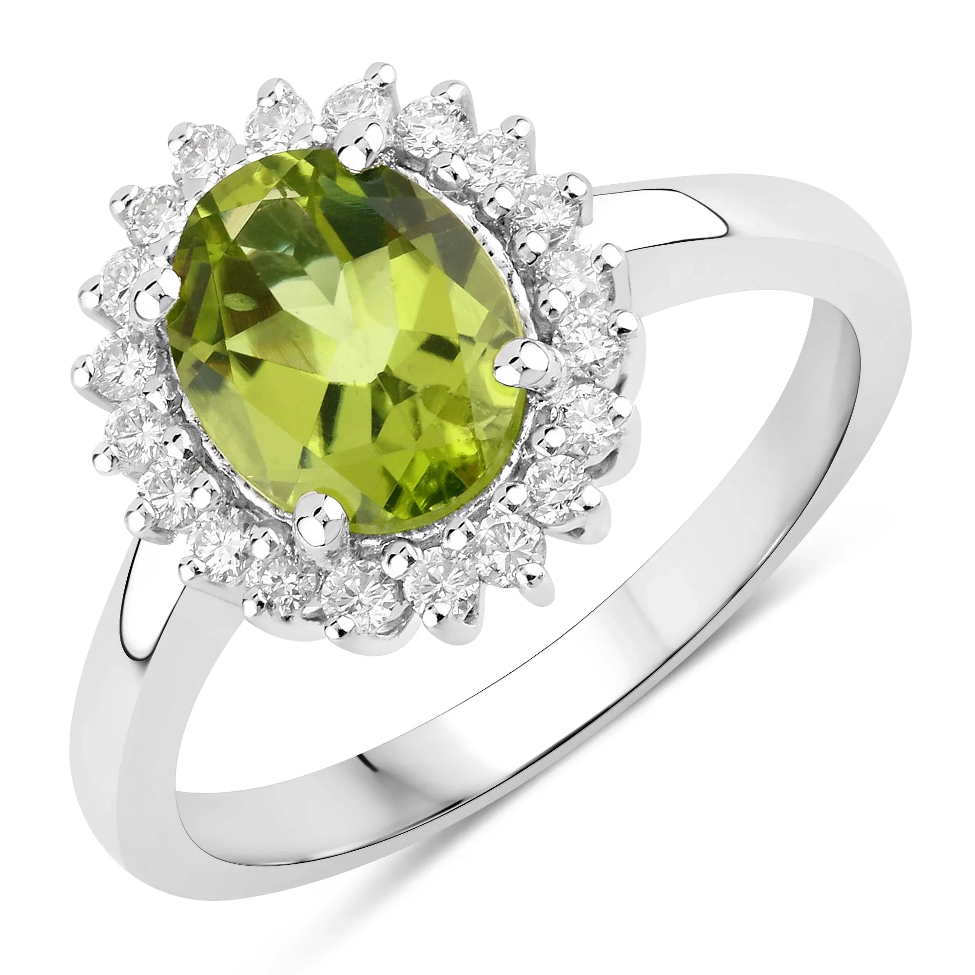 Natural Peridot and Lab Diamond Halo Ring