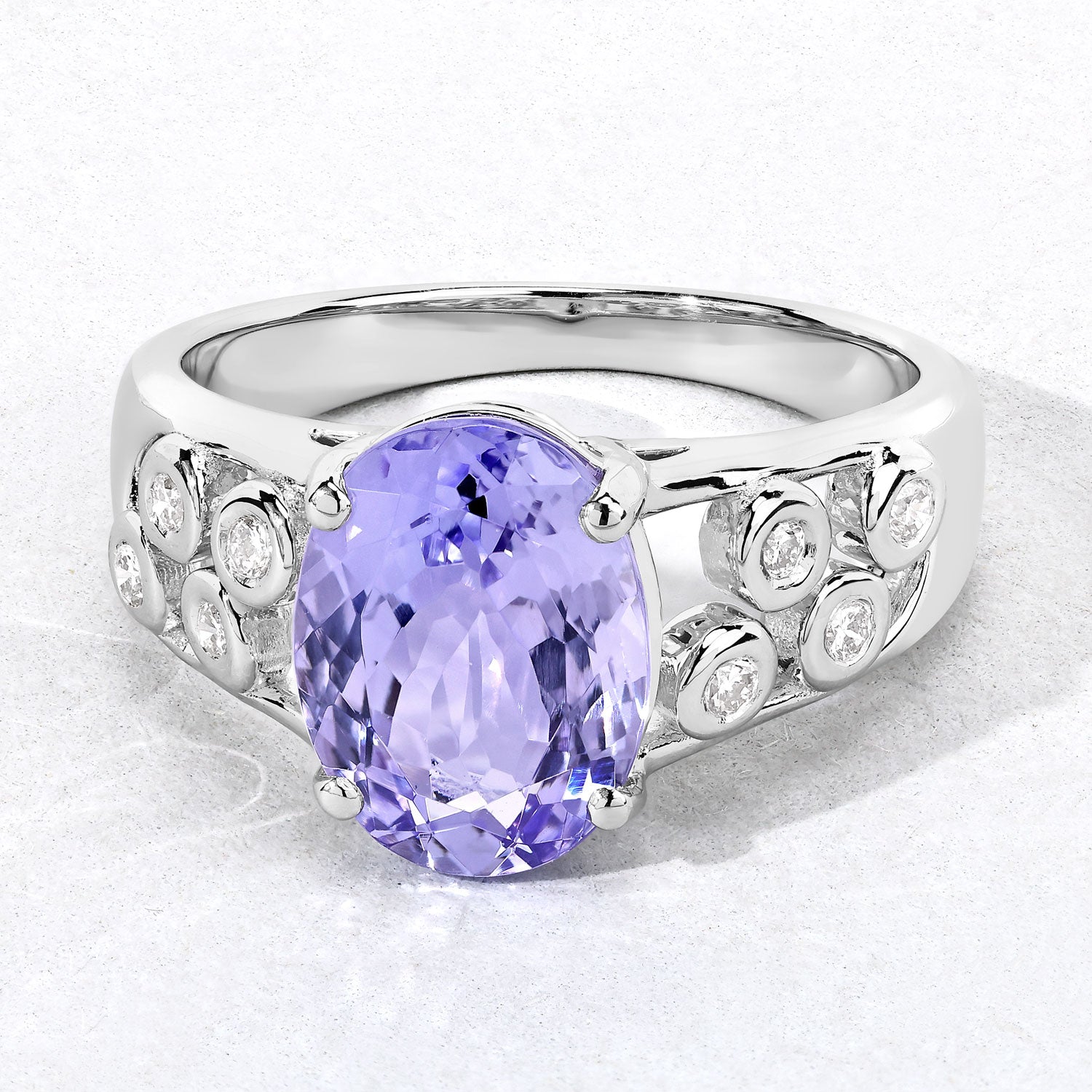 3.42 Cttw Oval Violet Tanzanite and Lab Diamond Rhodium over Silver Cocktail Ring