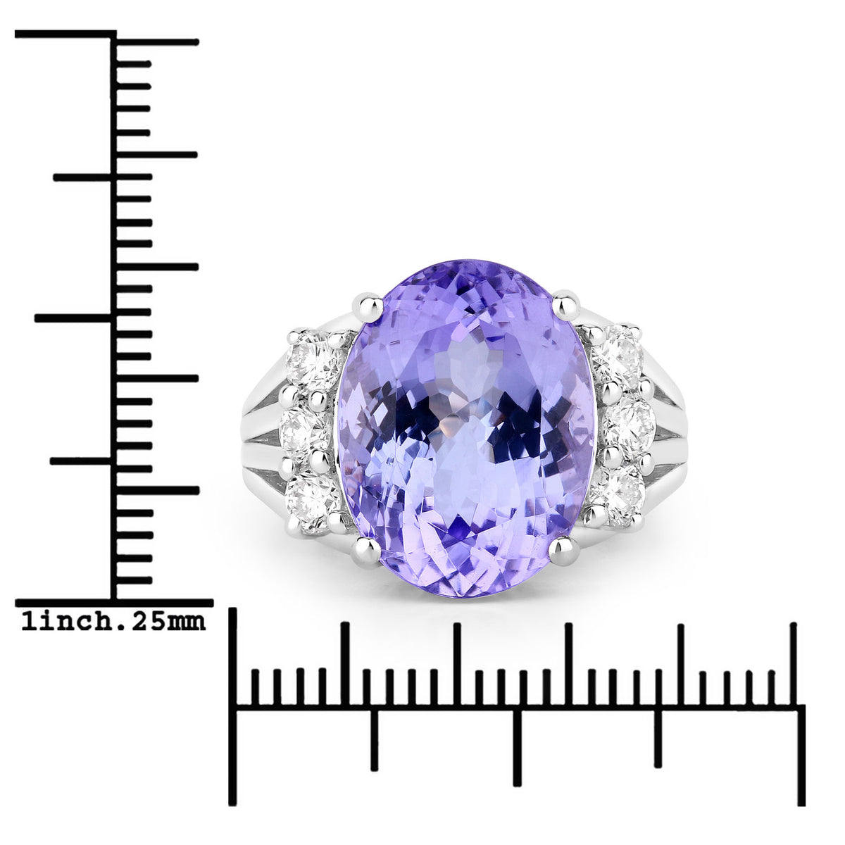 10.43 Cttw Oval Violet Tanzanite and Lab Diamond Rhodium over Silver Bridge Ring