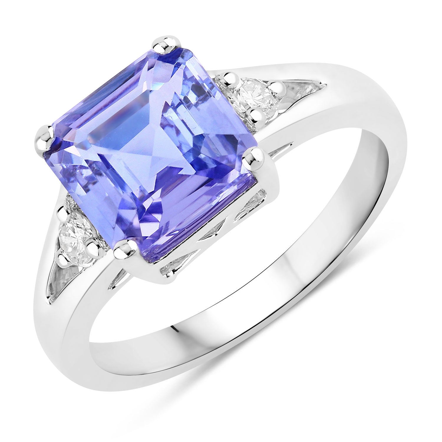 3.28 Cttw Octagon Violet Tanzanite and Lab Diamond Rhodium over Silver 3-Stone Ring