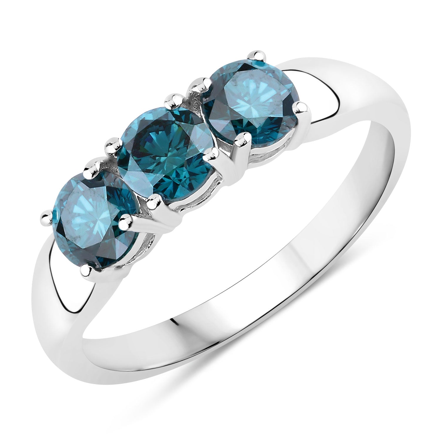 0.98 Cttw Round Teal Blue Diamond 14K White Gold Three Stone Ring