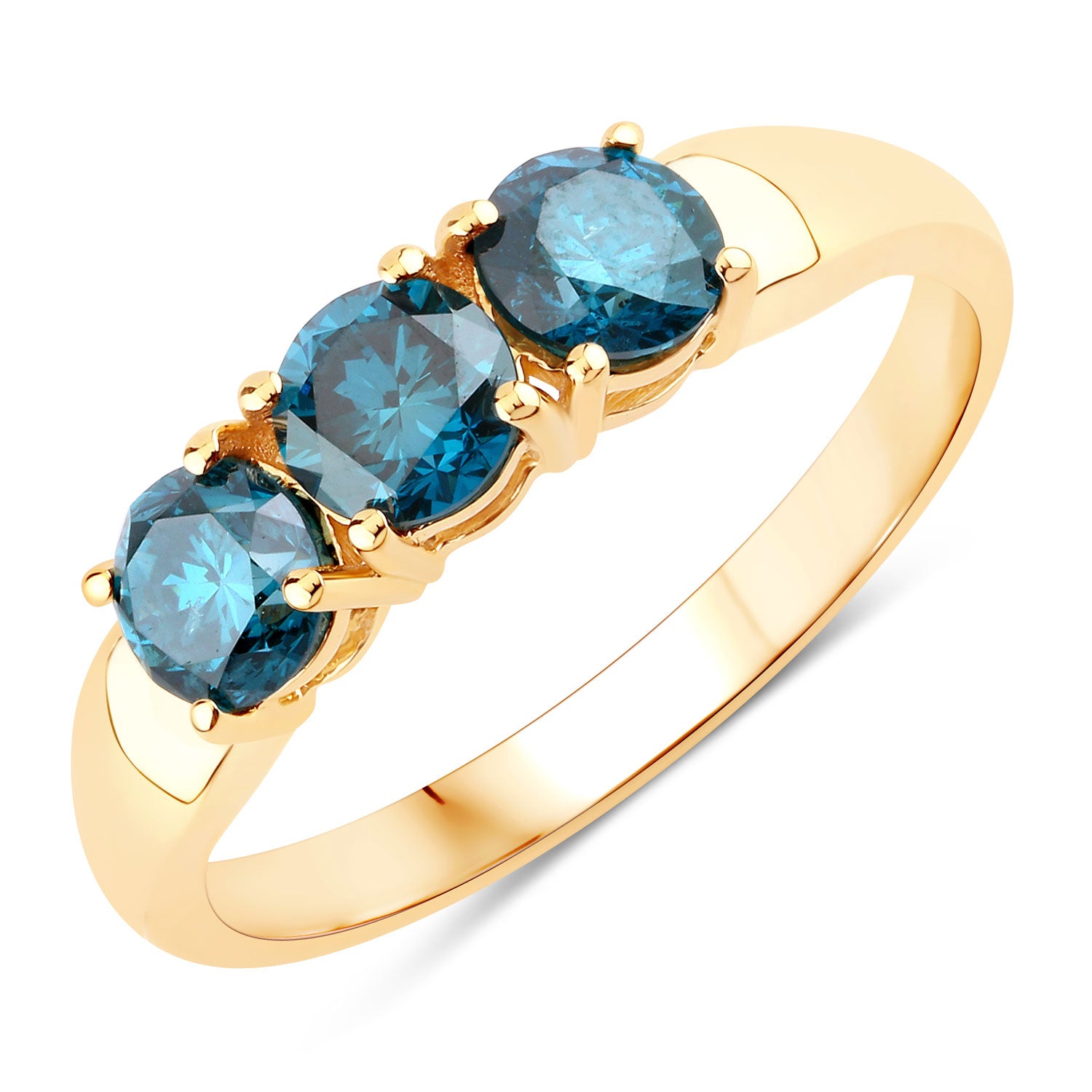 1.09 Cttw Round Teal Blue Diamond 14K Yellow Gold Three Stone Ring