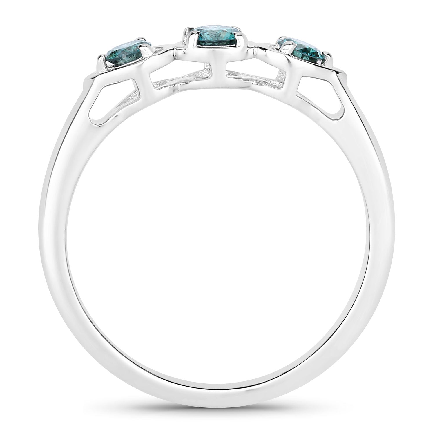 0.34 Cttw Round Teal Blue Diamond Rhodium Plated Silver 3-Stone Ring