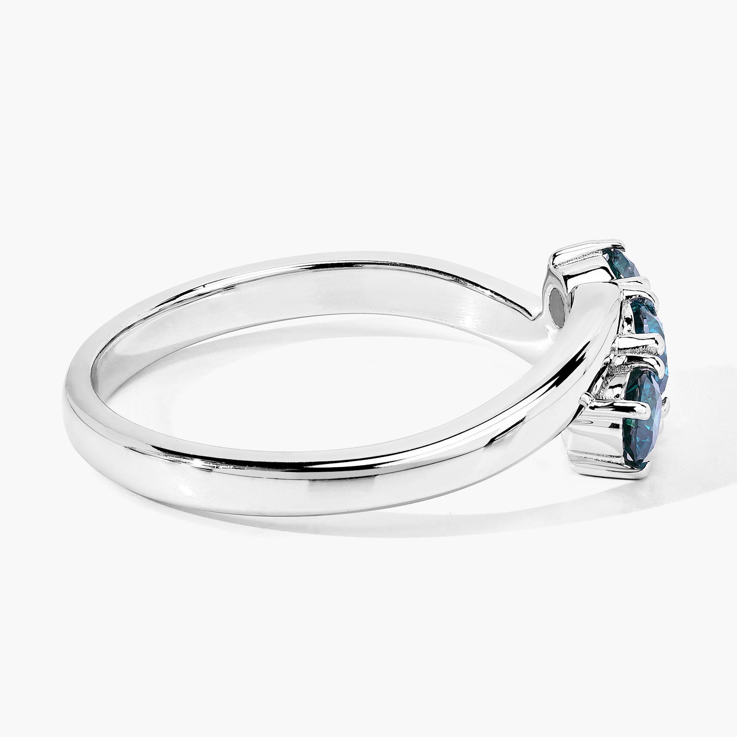0.49 Cttw Round Teal Blue Diamond Rhodium Plated Silver Bypass 3-Stone Ring