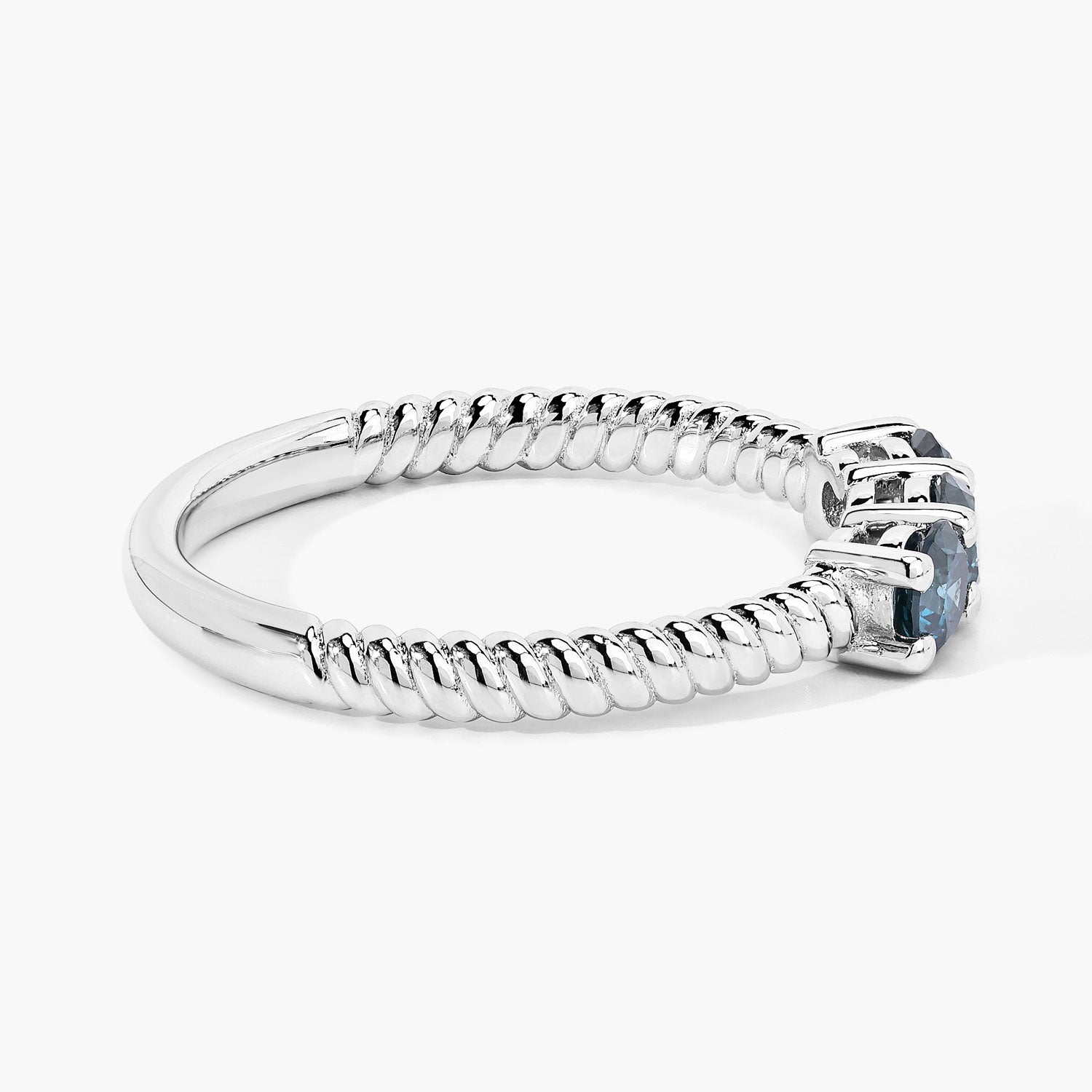 0.49 Cttw Round Teal Blue Diamond Rhodium Plated Silver 3-Stone Ring