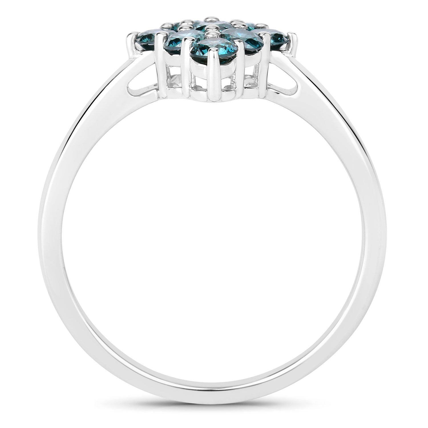 0.76 Cttw Round Teal Blue Diamond Rhodium Plated Silver Rhombus Cluster Ring