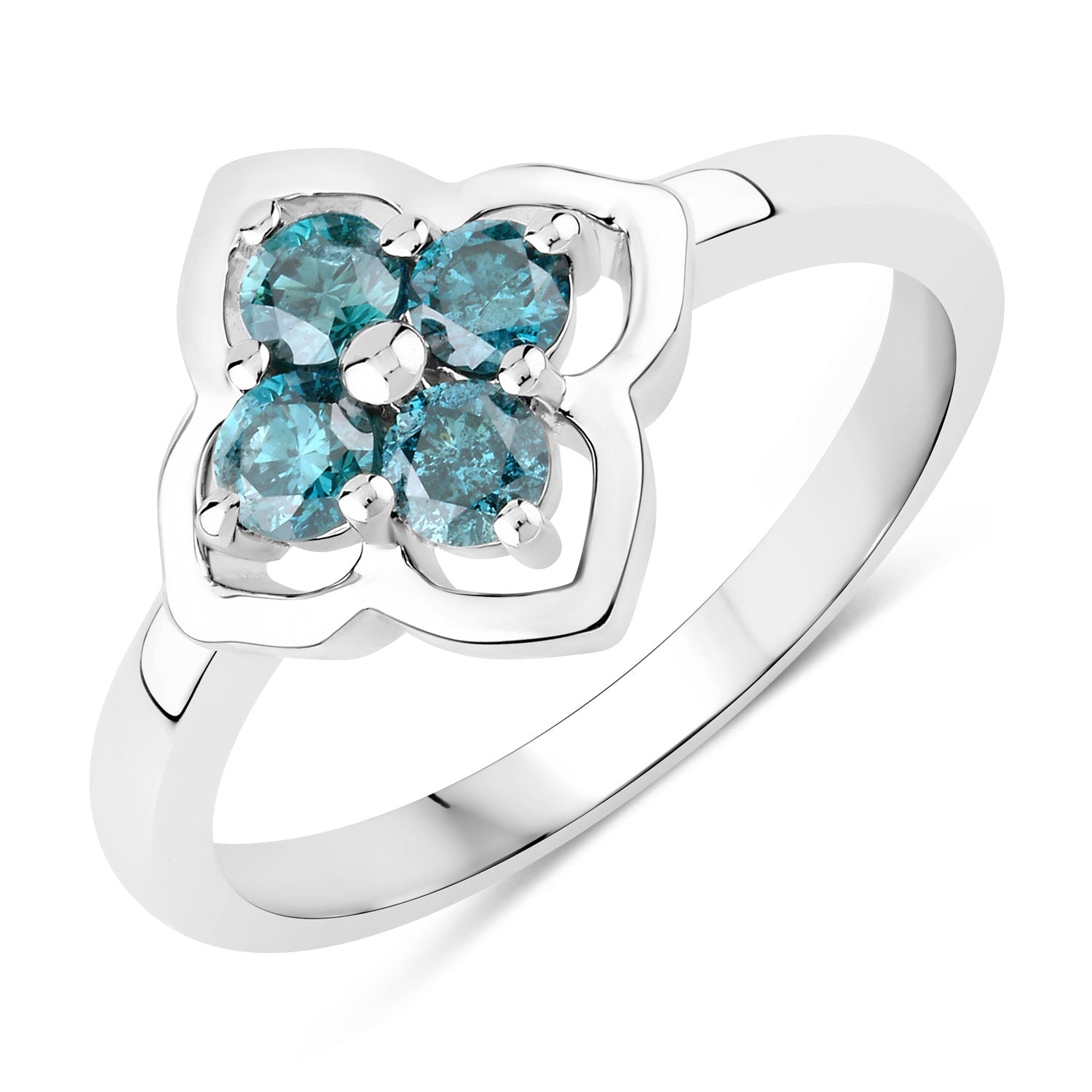 0.50 Cttw Round Teal Blue Diamond Rhodium Plated Silver Clover Cluster Ring