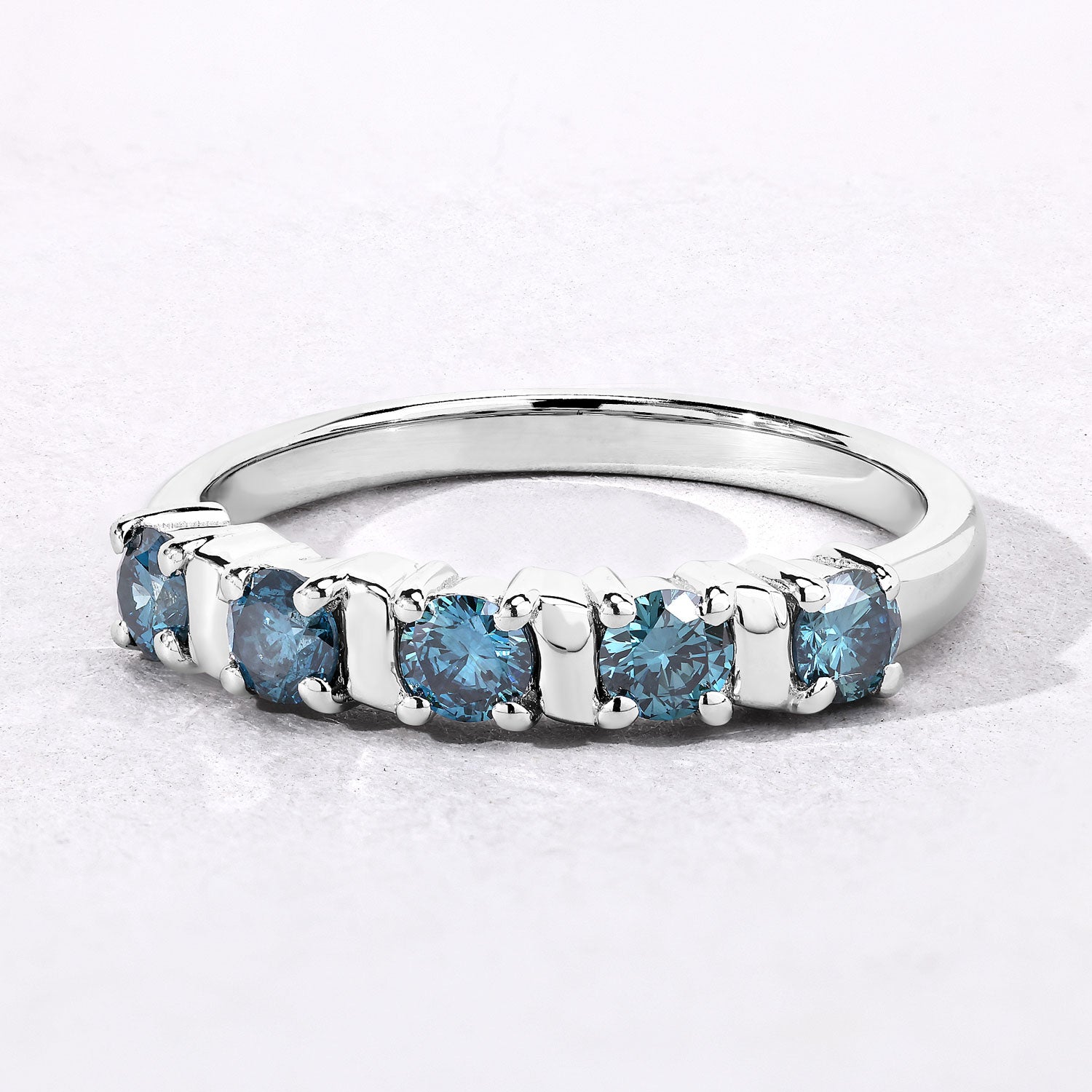 0.62 Cttw Round Teal Blue Diamond Bar Rhodium Plated Silver Five Stone Band Ring