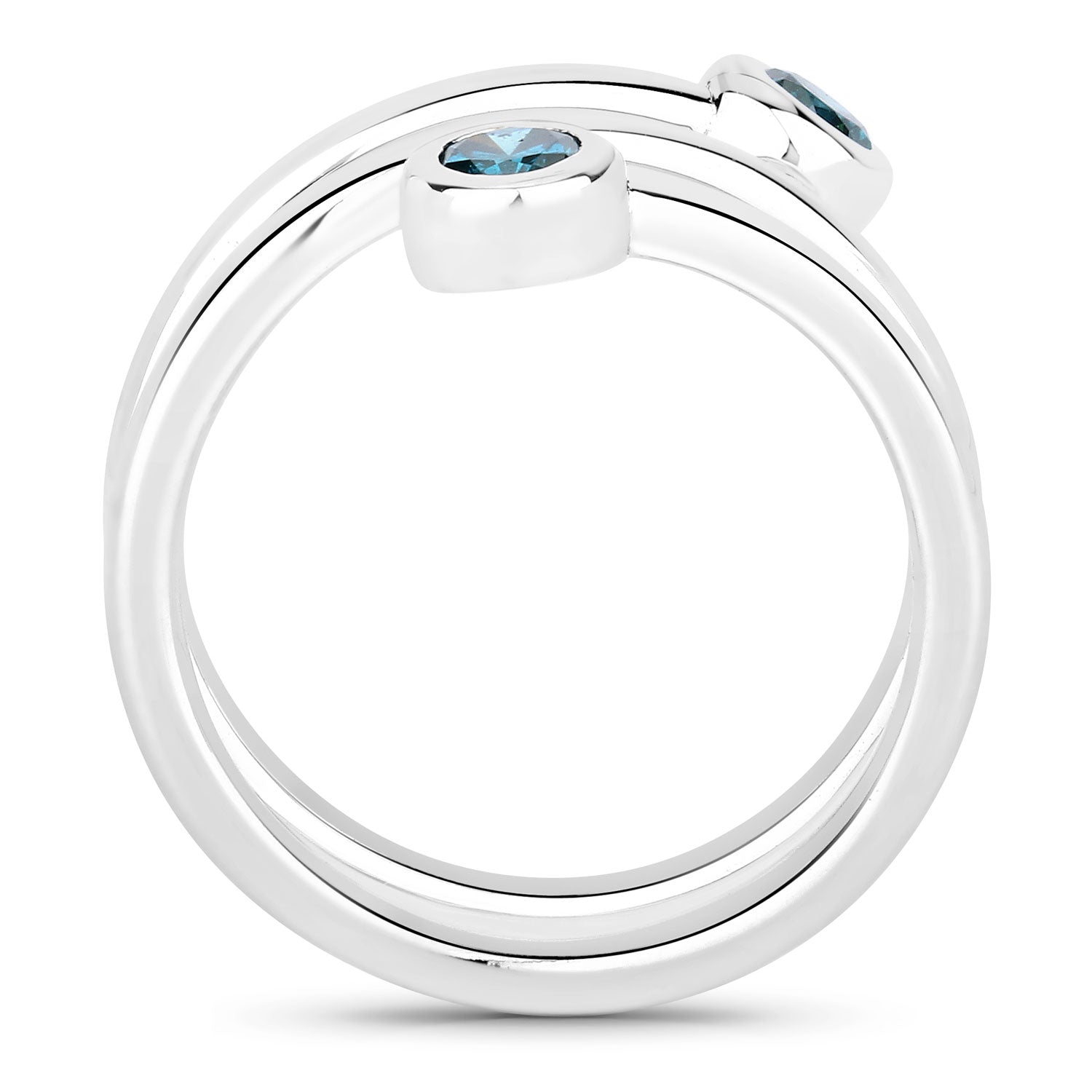 0.35 Cttw Round Teal Blue Diamond Bezel Rhodium Plated Silver Spiral Wrap Ring