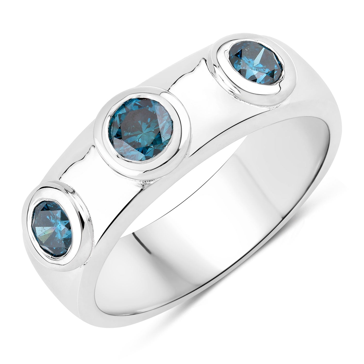 0.75 Cttw Round Teal Blue Diamond Bezel Rhodium Plated Silver Three Stone Band Ring