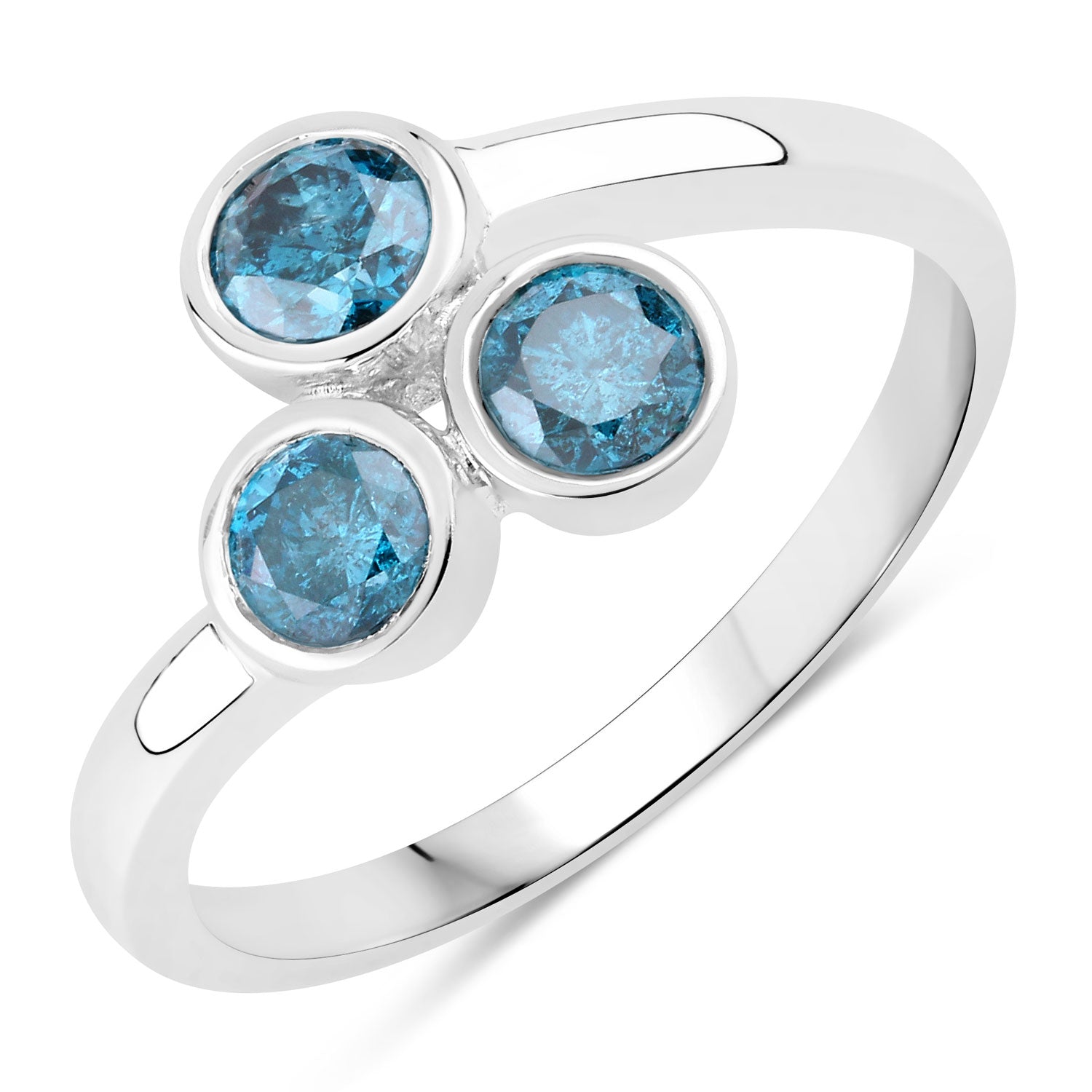 0.75 Cttw Round Teal Blue Diamond Bezel Rhodium Plated Silver Three Stone Bypass Ring