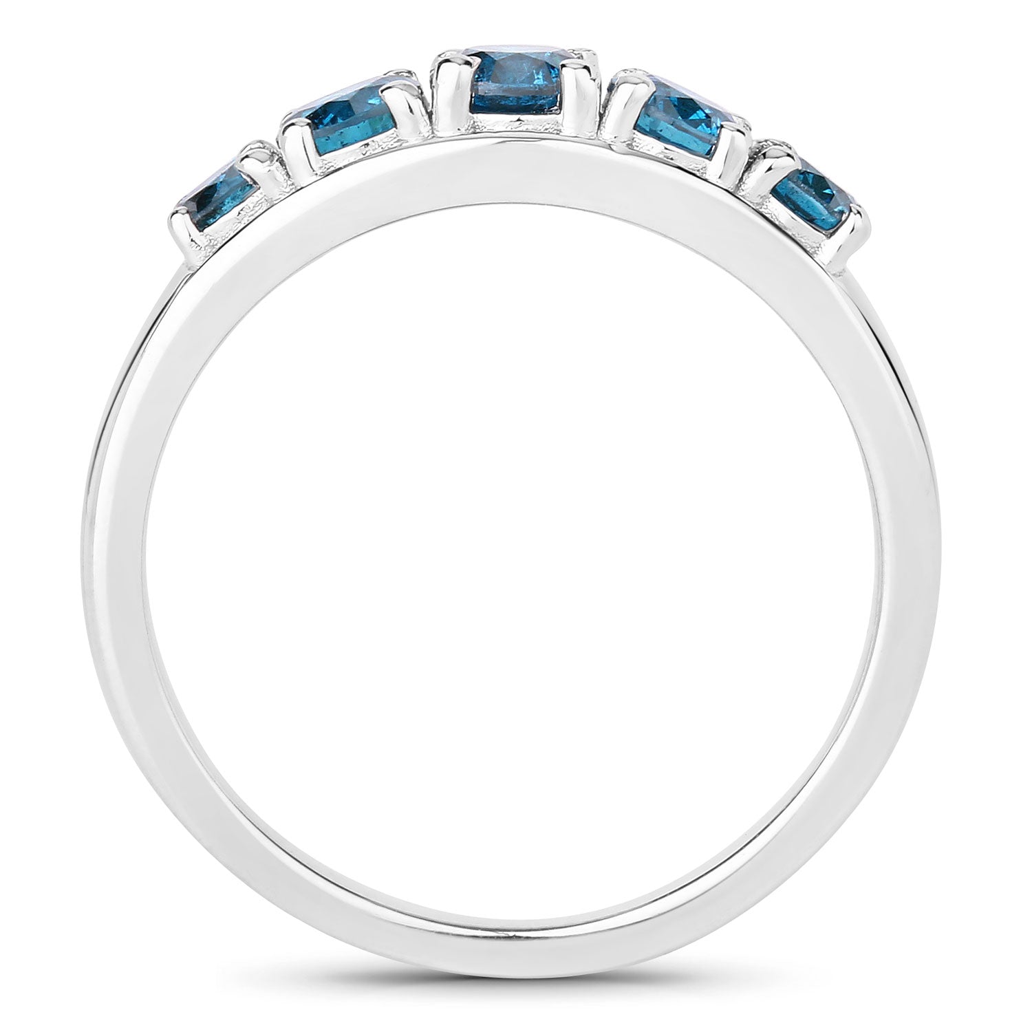 0.75 Cttw Round Teal Blue Diamond Rhodium Plated Silver Five Stone Band Ring