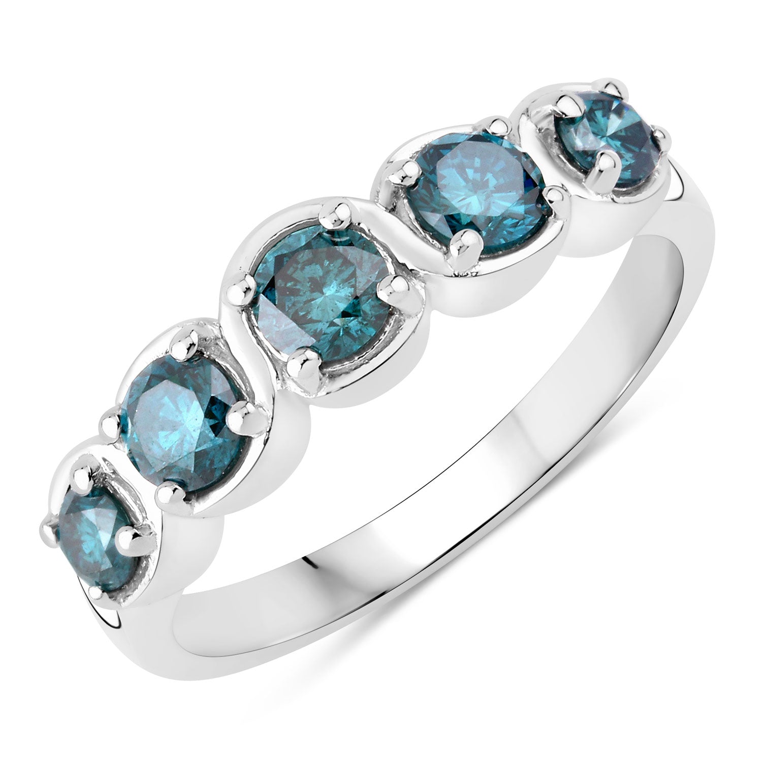 0.75 Cttw Round Teal Blue Diamond Rhodium Plated Silver S-Curve Five Stone Half Eternity Ring