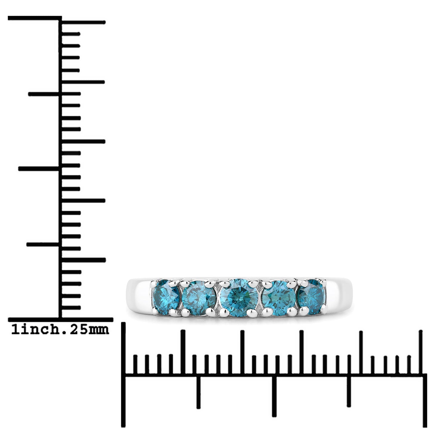 0.76 Cttw Round Teal Blue Diamond Rhodium Over Silver Five Stone Band Ring
